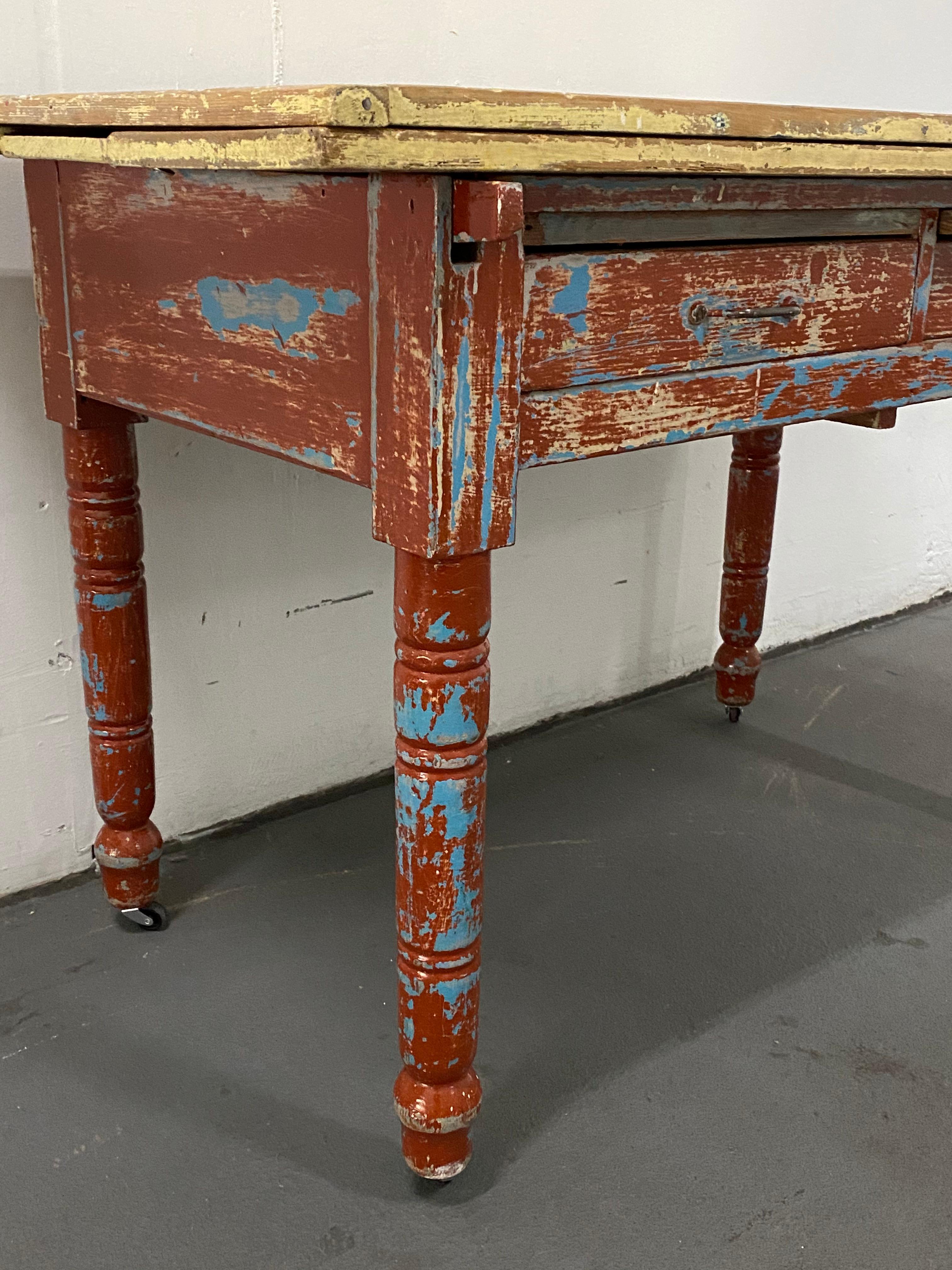 Rustic Vintage Painted Table with Two Drawers and Turned Legs, circa 1930