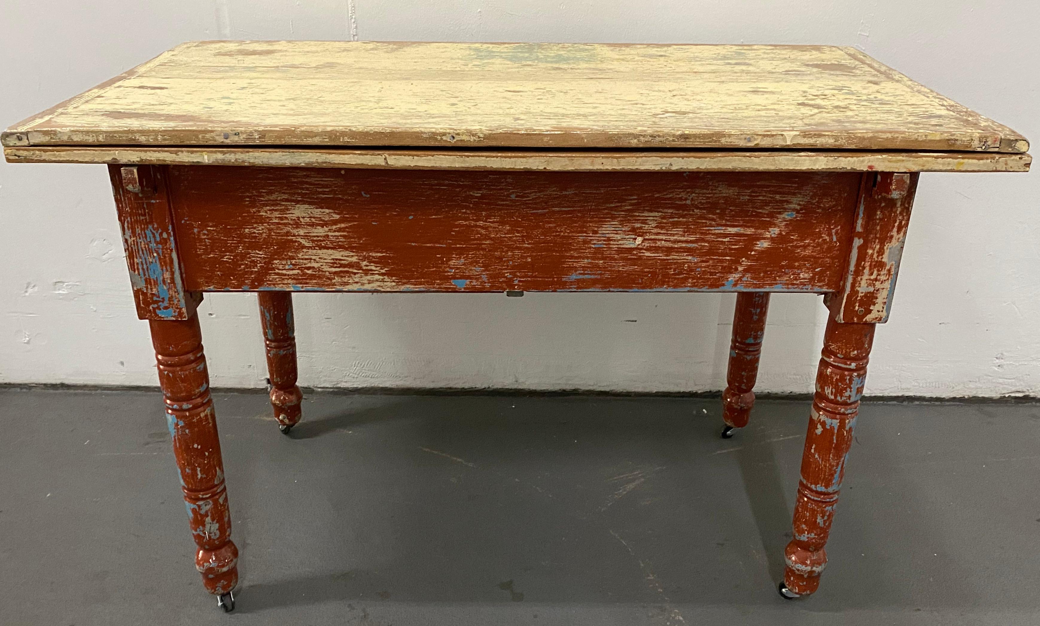 American Vintage Painted Table with Two Drawers and Turned Legs, circa 1930