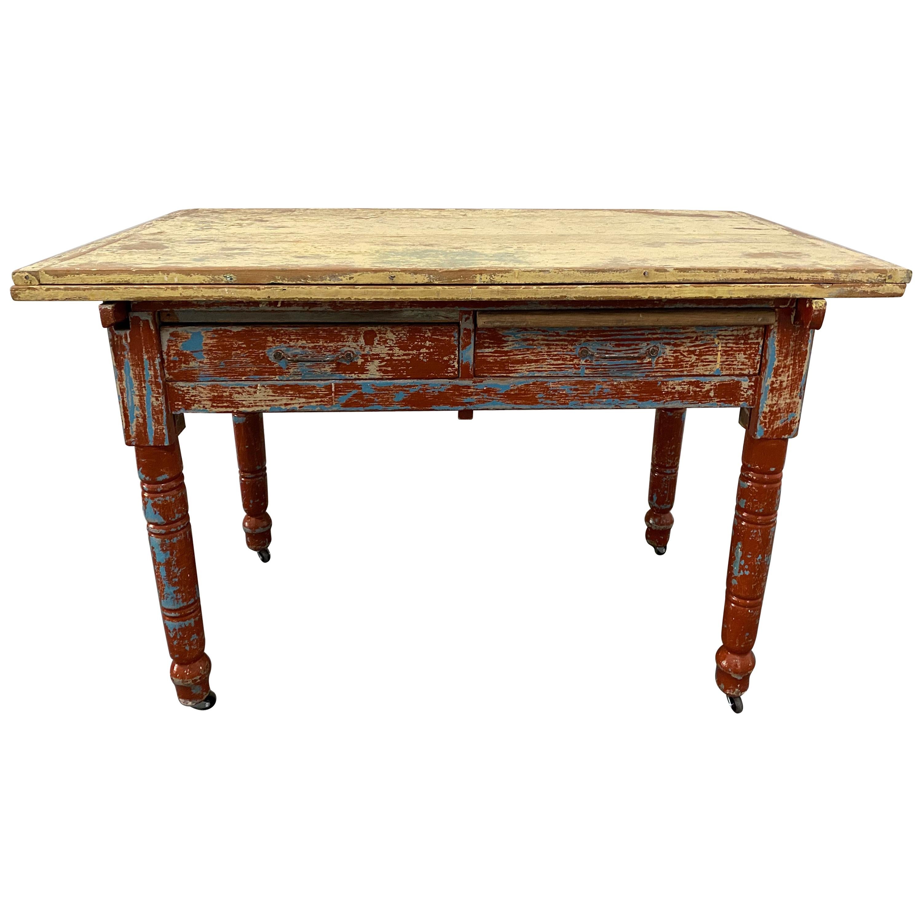 Vintage Painted Table with Two Drawers and Turned Legs, circa 1930 at