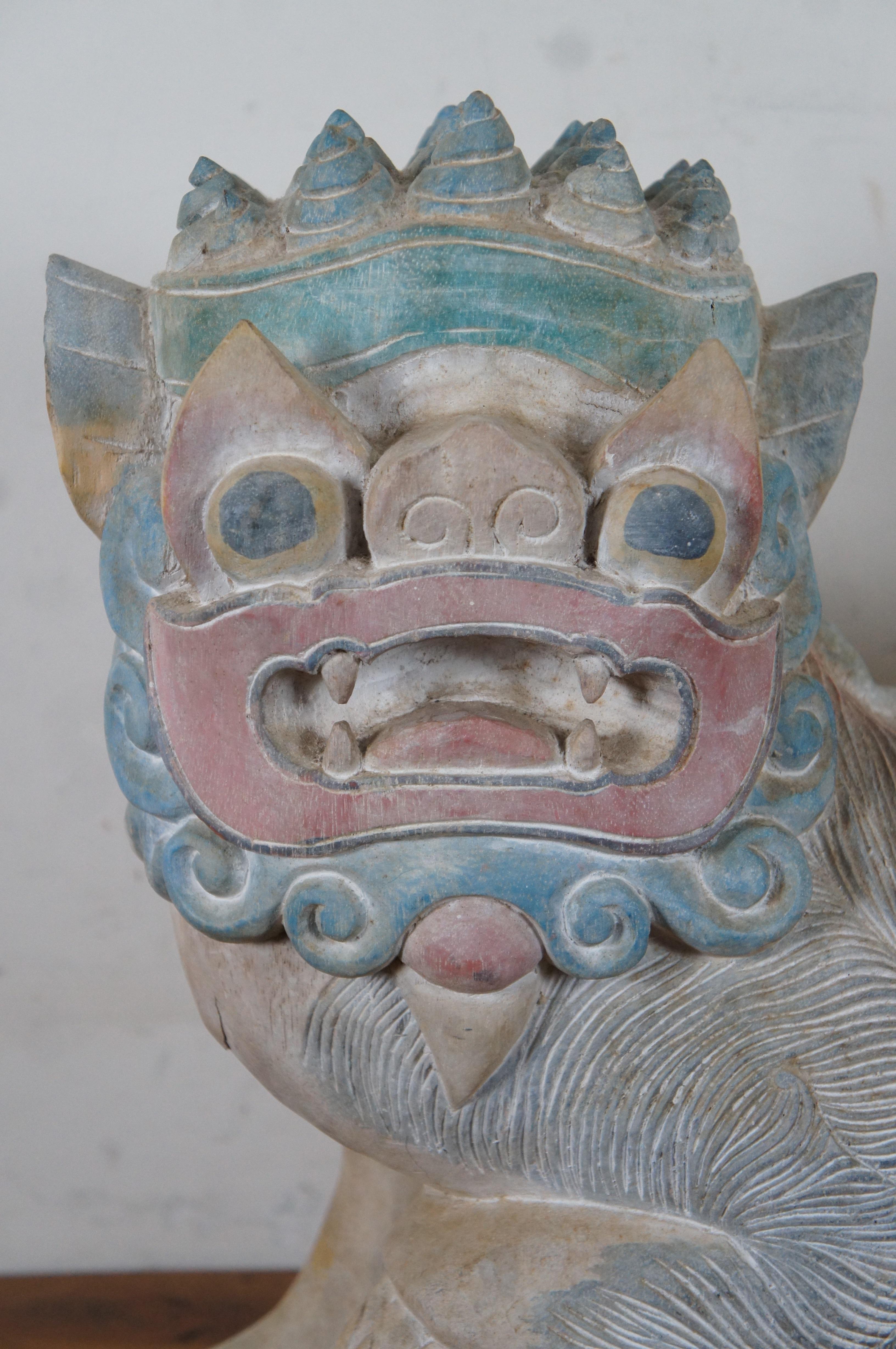 Vintage Painted Teak Carved Foo Fu Dog Male Guardian Lion Sculpture Statue 6