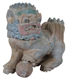 Vintage Painted Teak Carved Foo Fu Dog Male Guardian Lion Sculpture Statue
