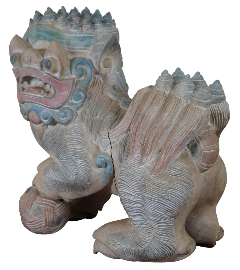 Vintage Painted Teak Carved Foo Fu Dog Male Guardian Lion Sculpture Statue For Sale at 1stDibs