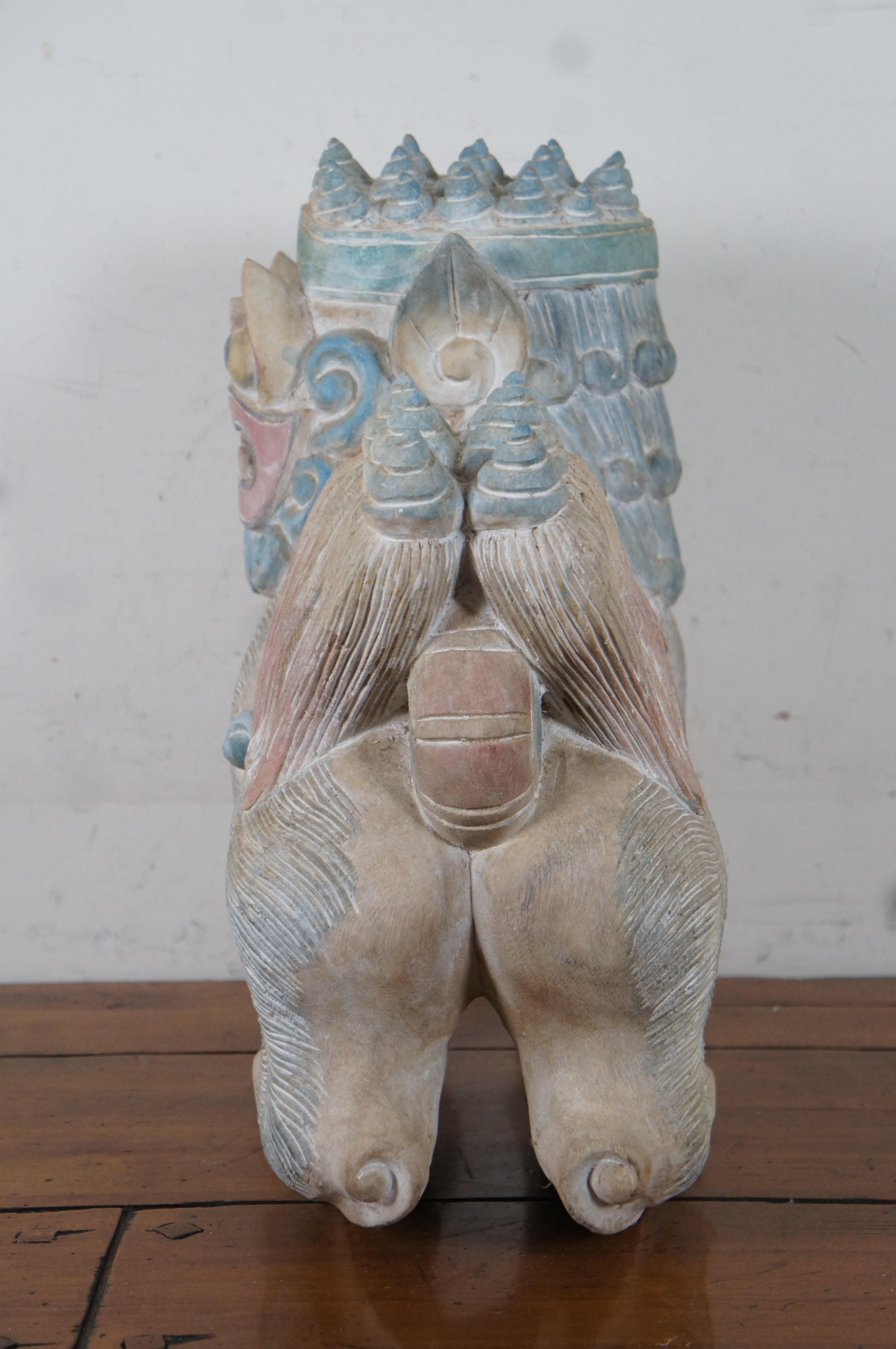 Vintage Painted Teak Carved Foo Fu Dog Male Guardian Lion Sculpture Statue 1