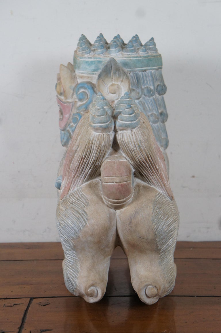 Vintage Painted Teak Carved Foo Fu Dog Male Guardian Lion Sculpture Statue For Sale at 1stDibs