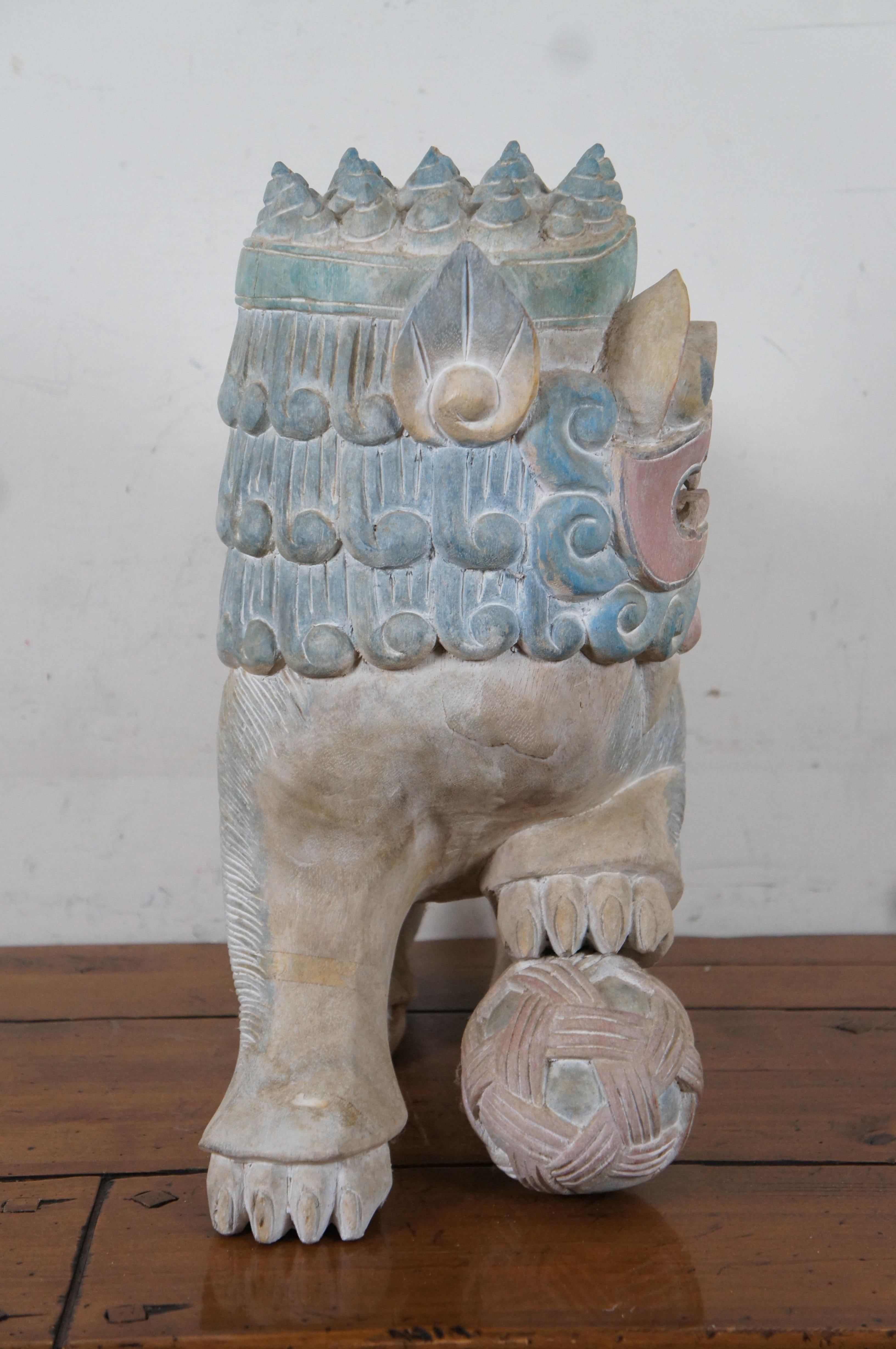 Vintage Painted Teak Carved Foo Fu Dog Male Guardian Lion Sculpture Statue 2