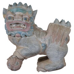 Vintage Painted Teak Carved Foo Fu Dog Male Guardian Lion Sculpture Statue