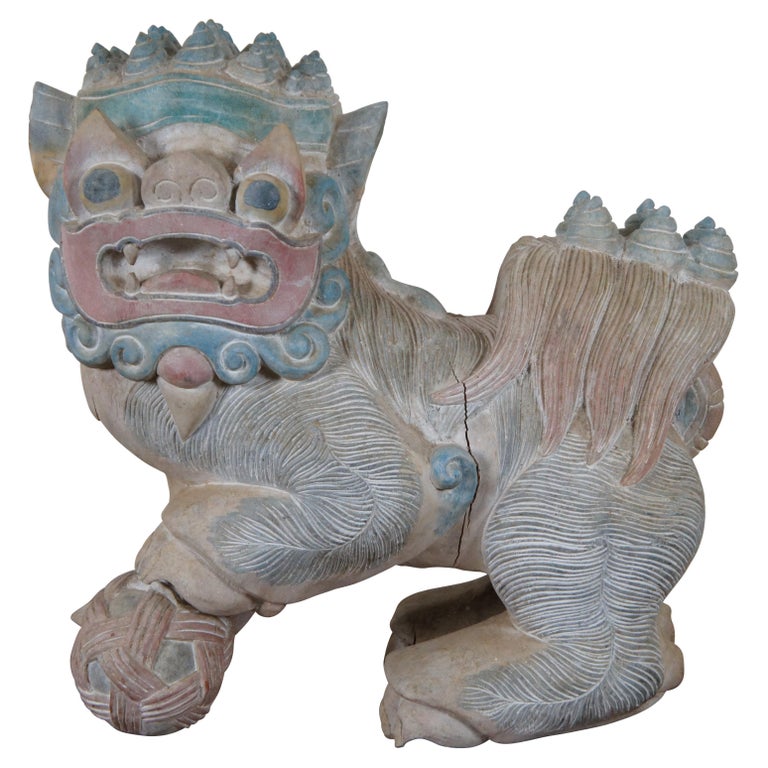 Vintage Painted Teak Carved Foo Fu Dog Male Guardian Lion Sculpture Statue For Sale at 1stDibs