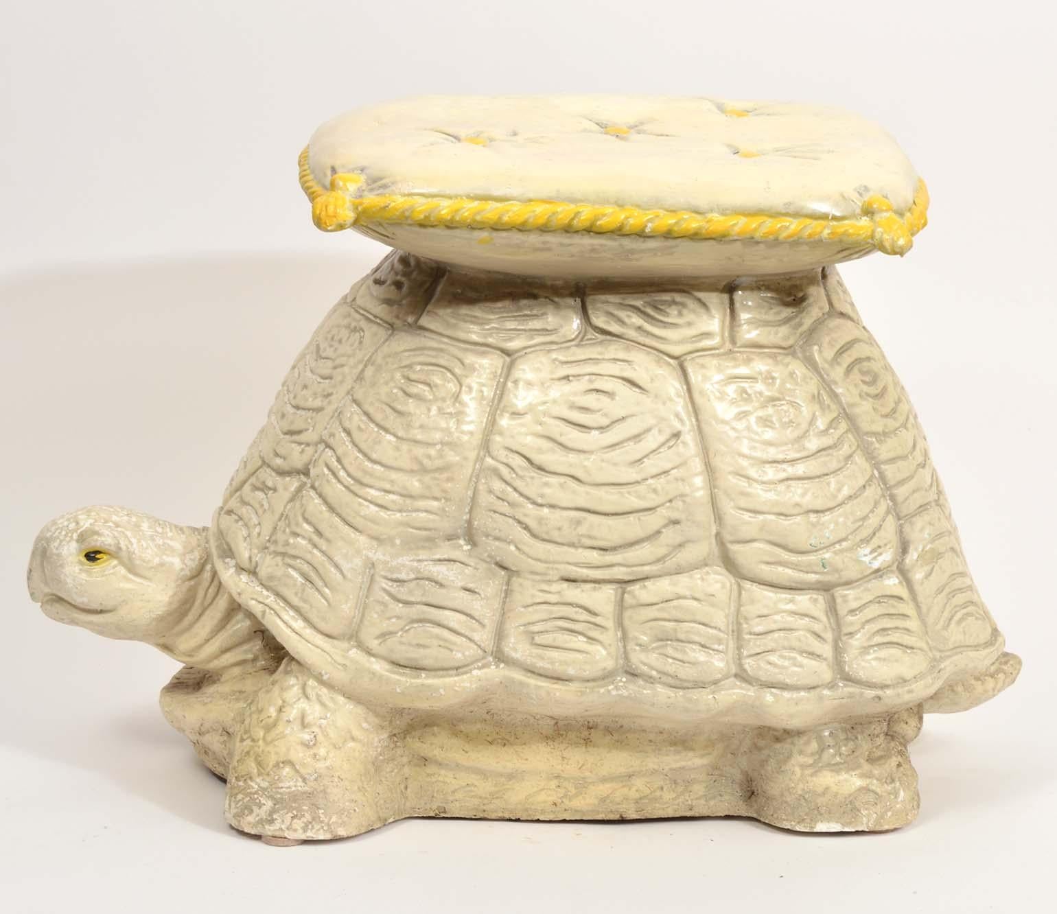 Vintage Painted Terracotta Turtle Garden Seat In Good Condition In Ft. Lauderdale, FL