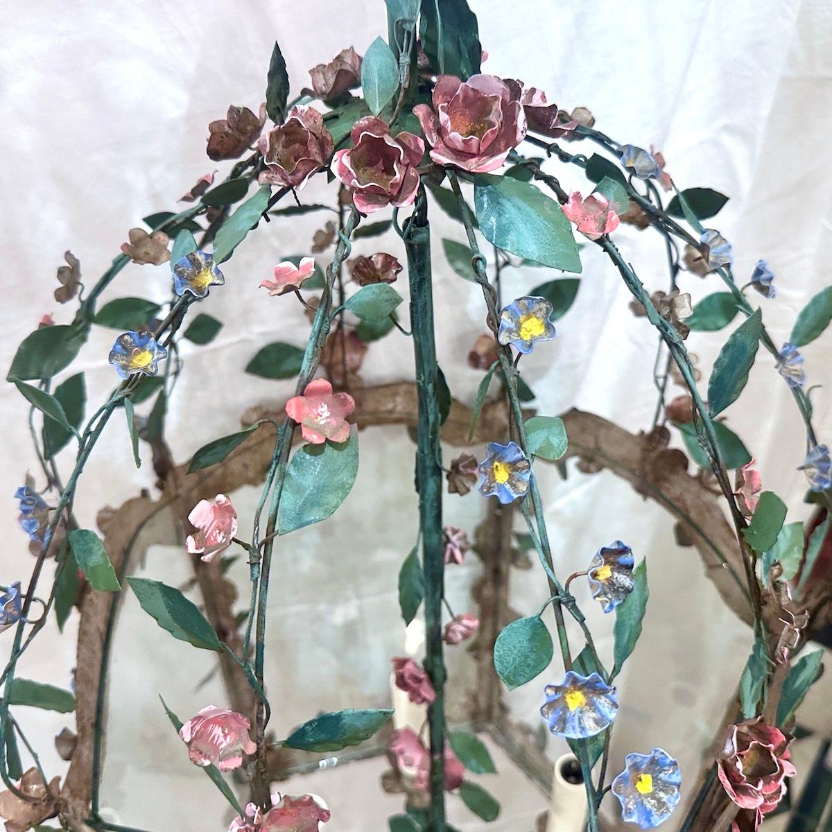 A circa 1920's Venetian painted tole lantern with flowers and foliage. 

Measurements:
Drop: 33