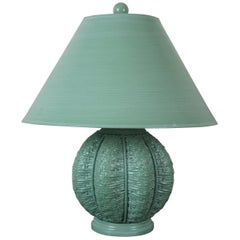 Vintage Painted Wicker Rattan Boho Chic Green Urn Shaped Table Lamp and Shade