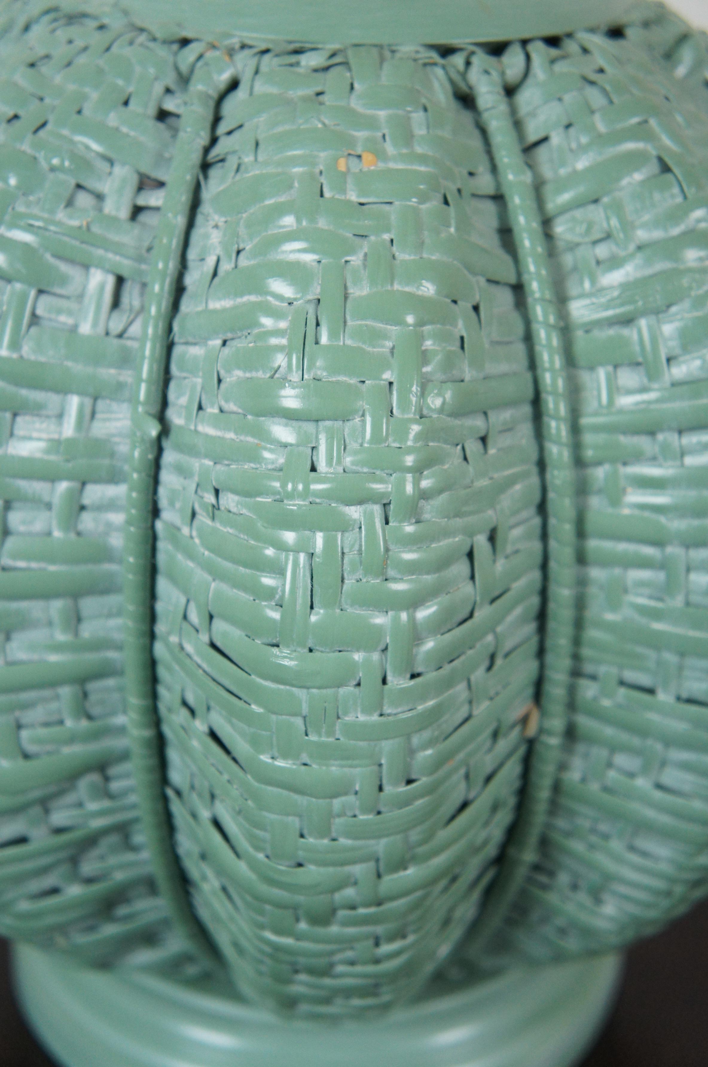 Vintage Painted Wicker Rattan Boho Chic Green Urn Shaped Table Lamp and Shade 3