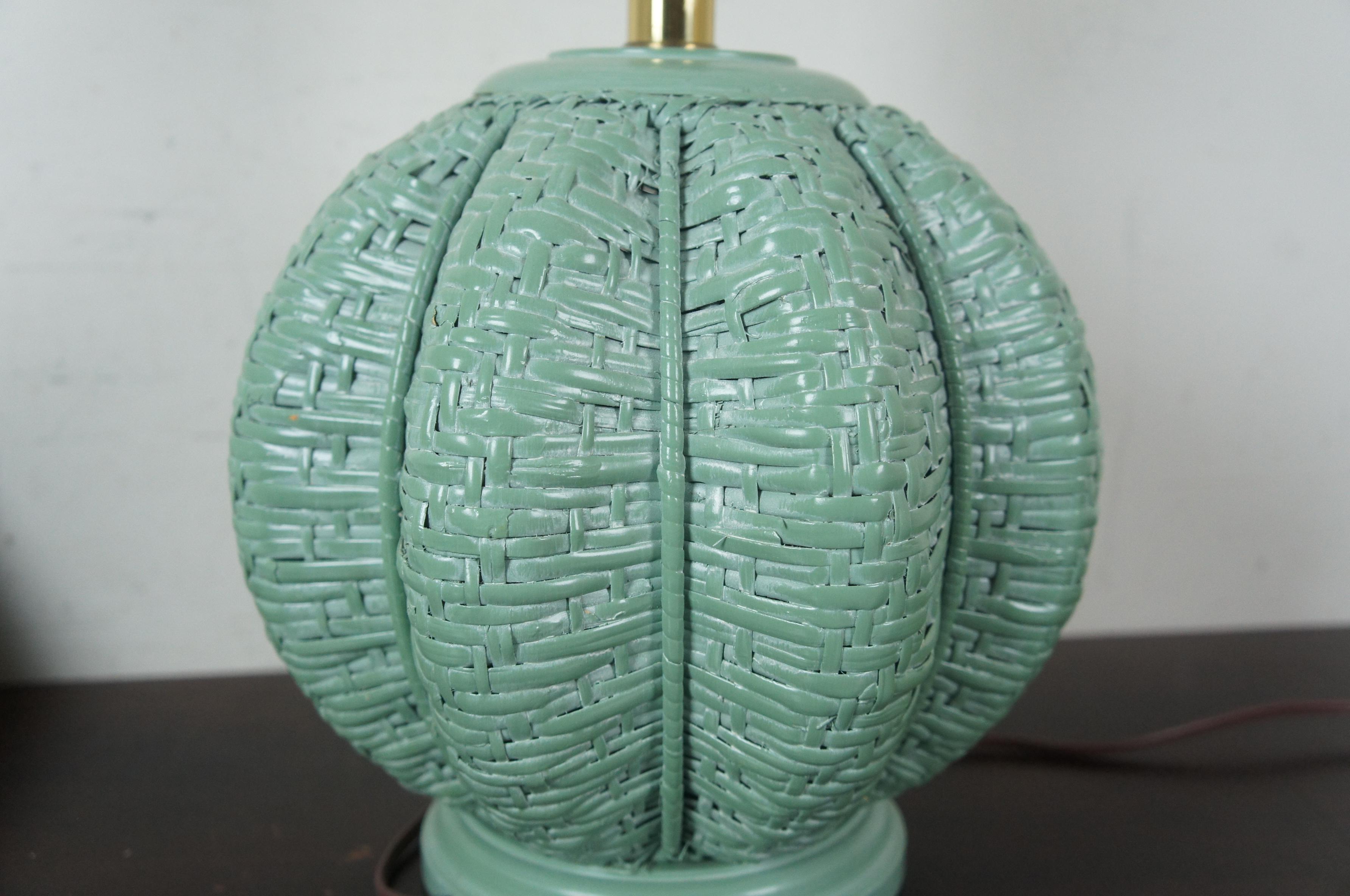 Vintage Painted Wicker Rattan Boho Chic Green Urn Shaped Table Lamp and Shade 5