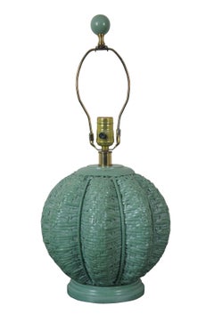 Vintage Painted Wicker Rattan Boho Chic Green Urn Shaped Table Lamp and Shade