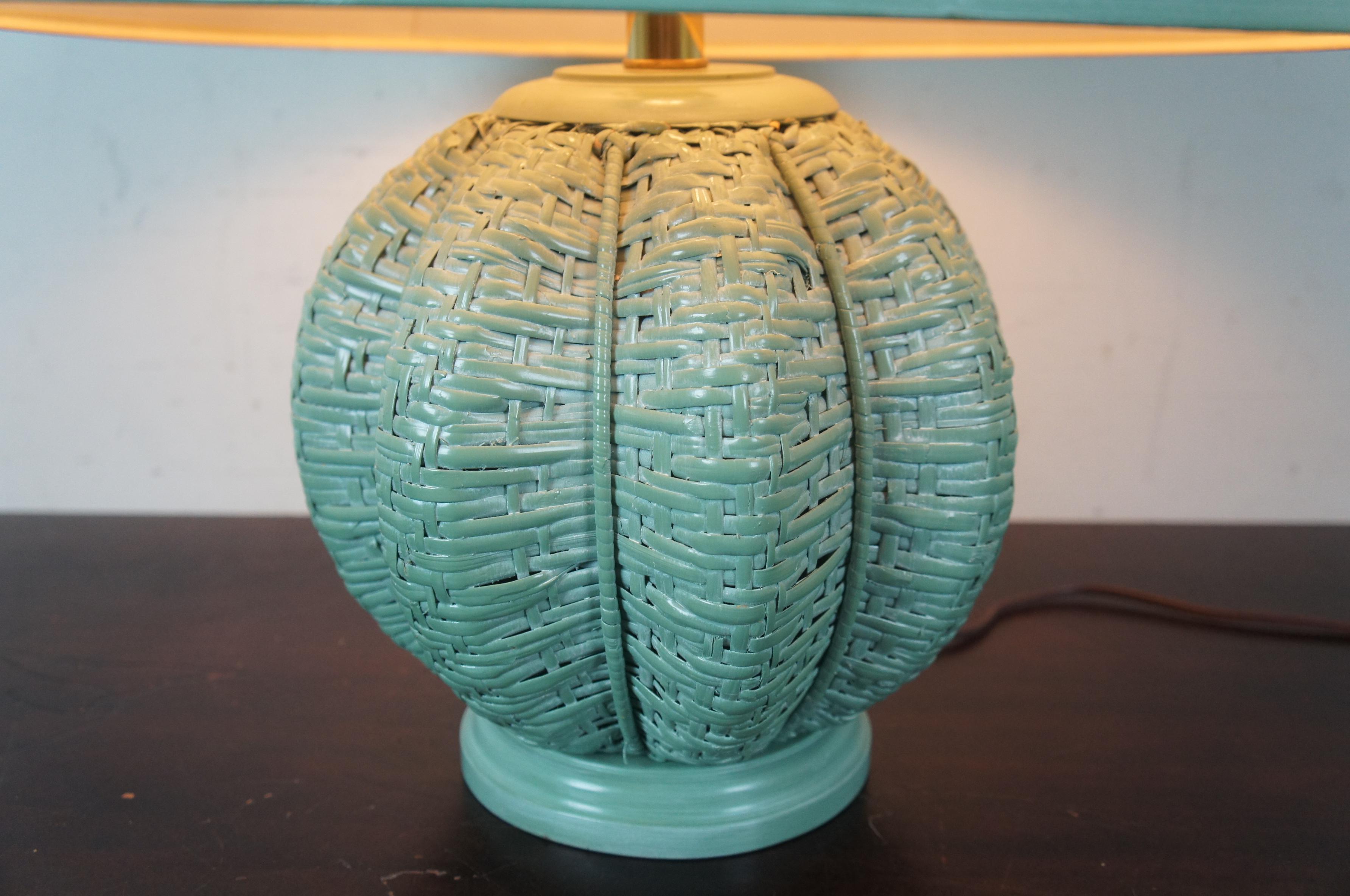 Bohemian Vintage Painted Wicker Rattan Boho Chic Green Urn Shaped Table Lamp and Shade