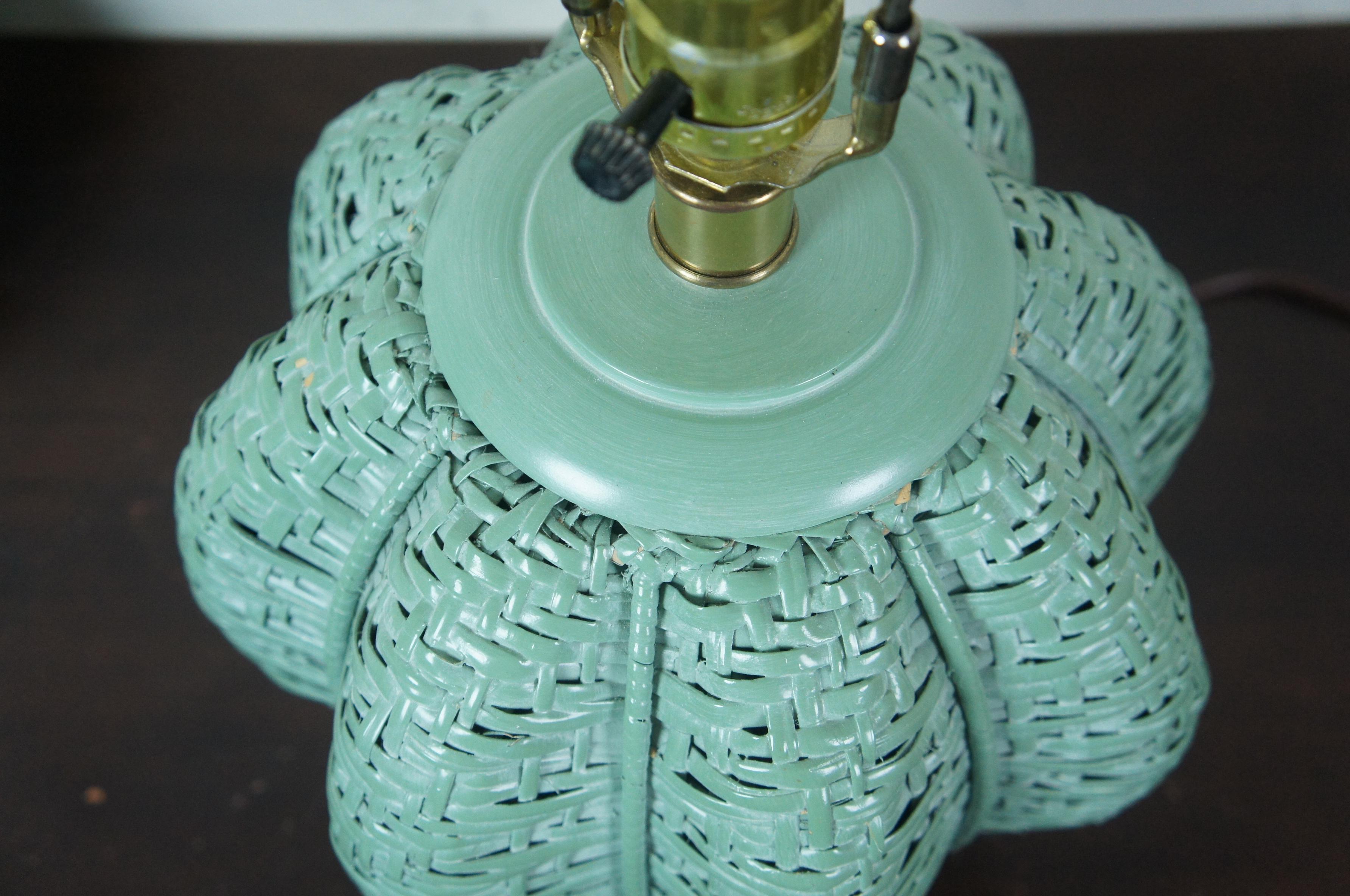 Vintage Painted Wicker Rattan Boho Chic Green Urn Shaped Table Lamp and Shade 2