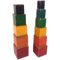 Vintage Painted Wood Toy Block Towers in Red, Orange, Yellow, Blue, Green