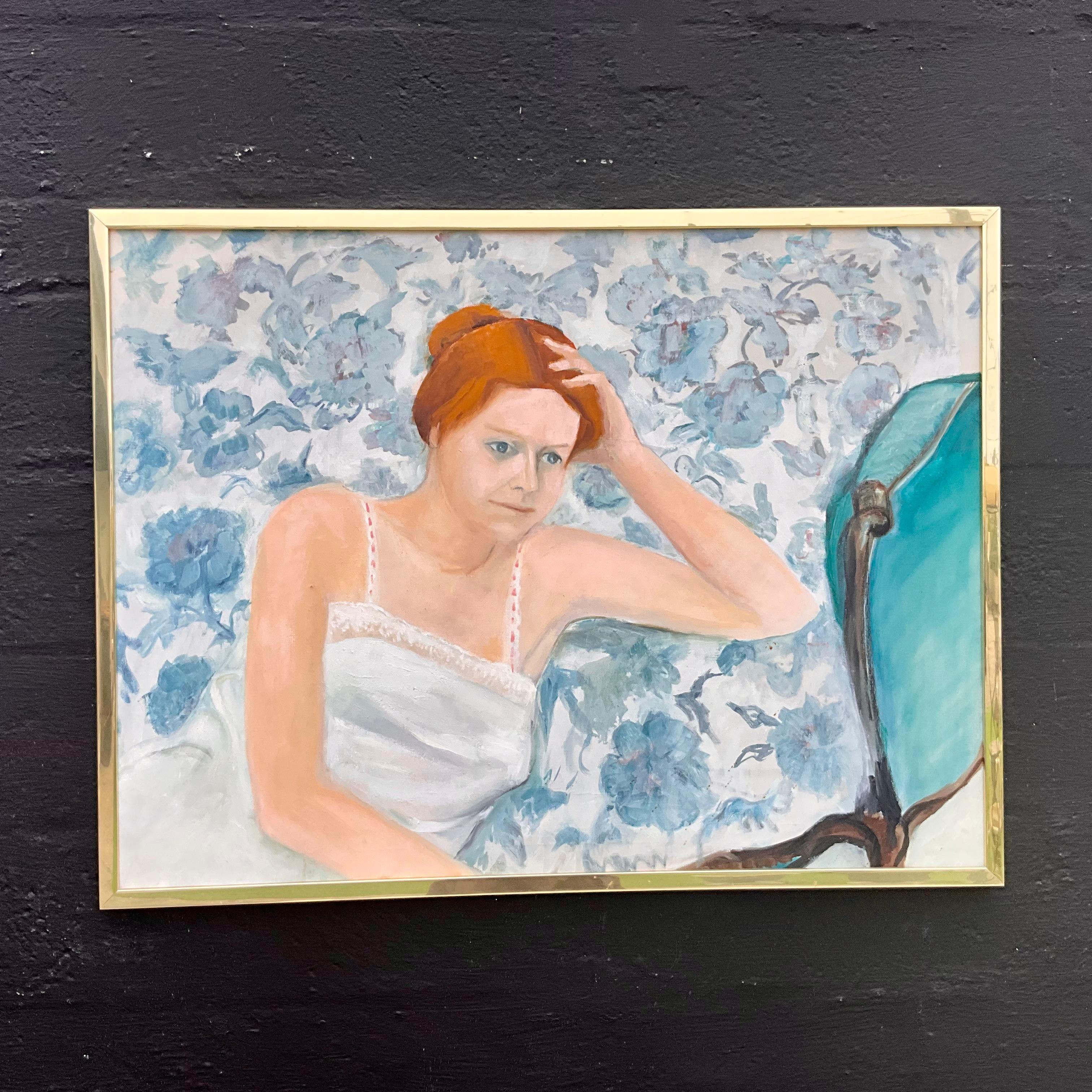 Vintage Painting Lady in Blue E M Kaufman im Angebot 5