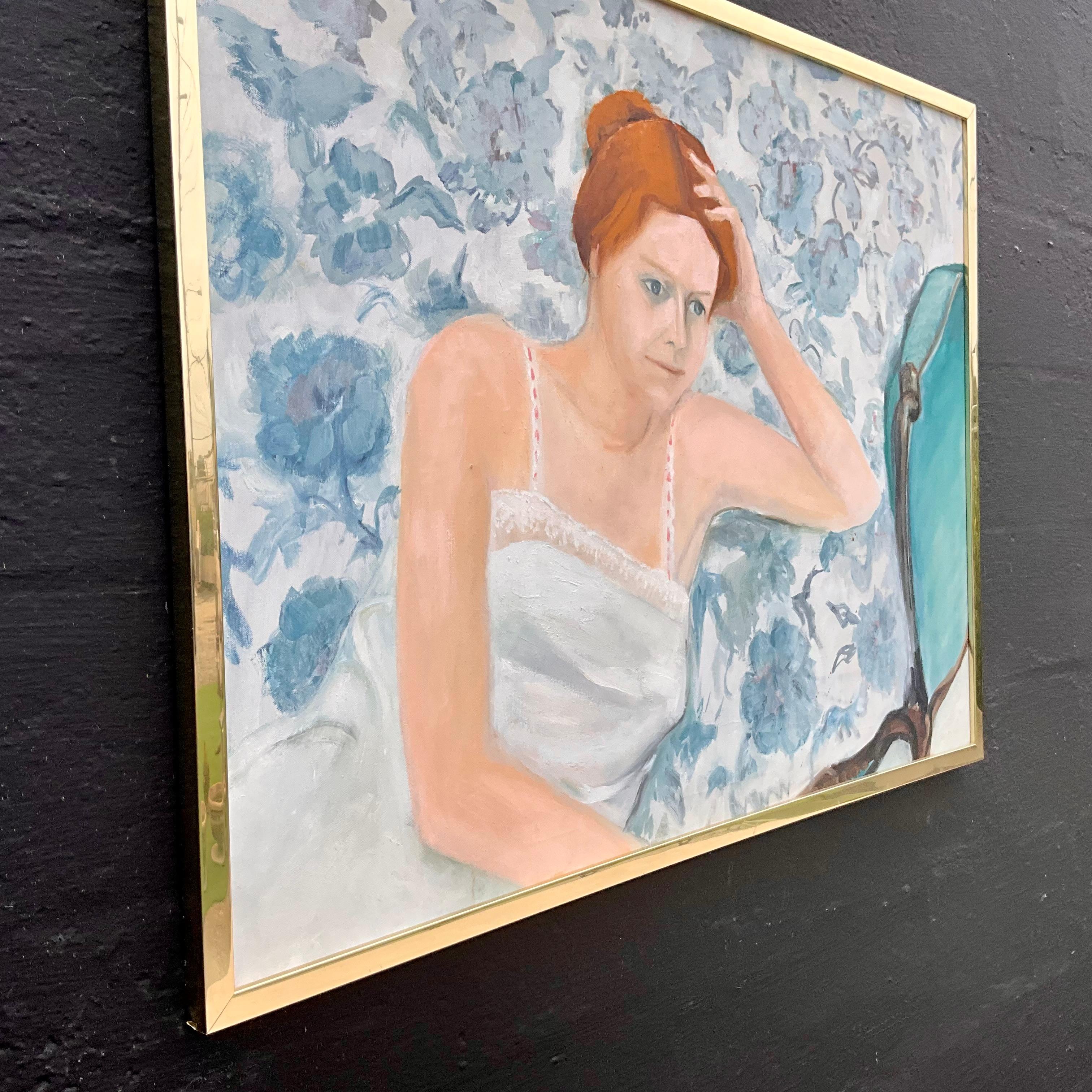 Vintage Painting Lady in Blue E M Kaufman (Hollywood Regency) im Angebot