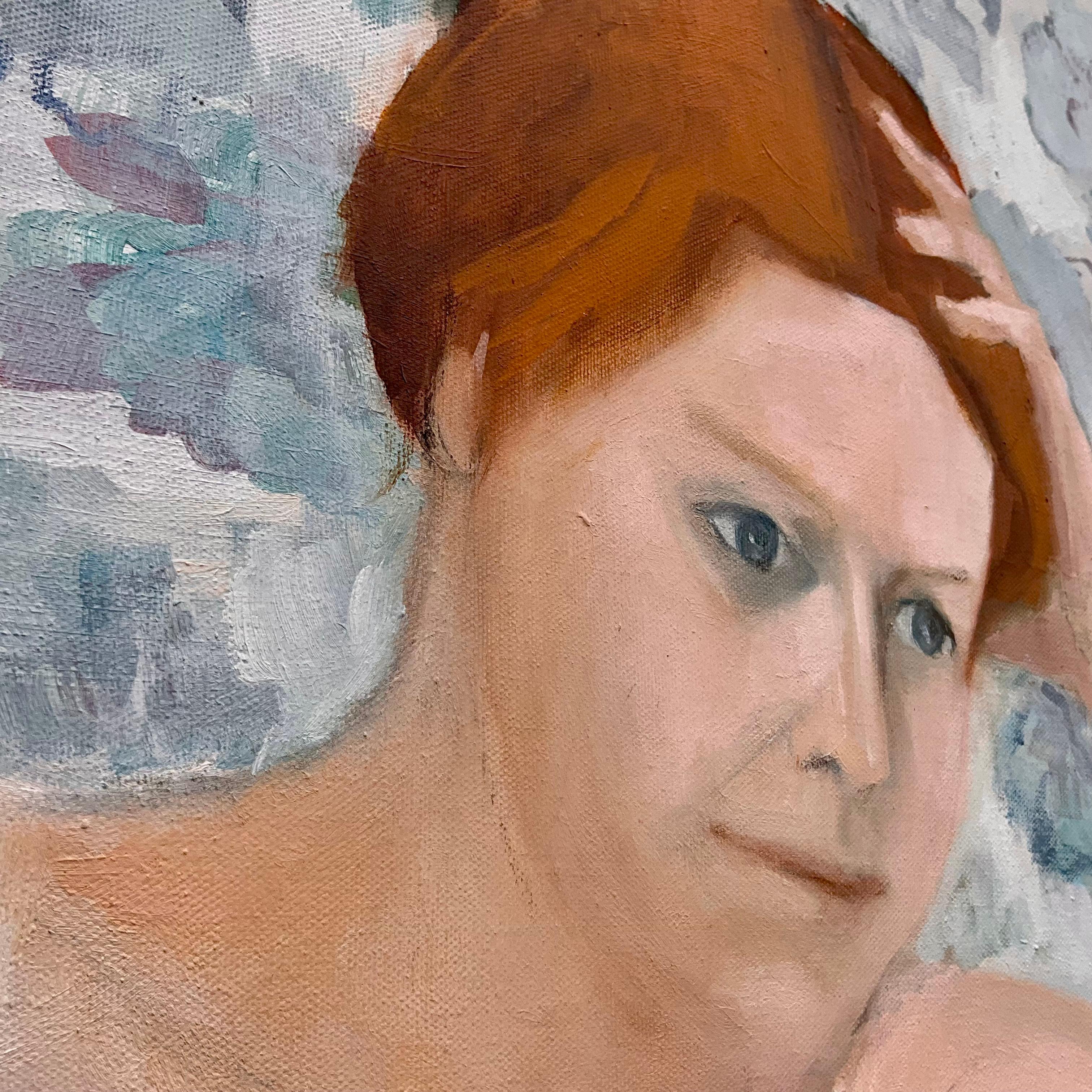 Vintage Painting Lady in Blue E M Kaufman (Ende des 20. Jahrhunderts) im Angebot