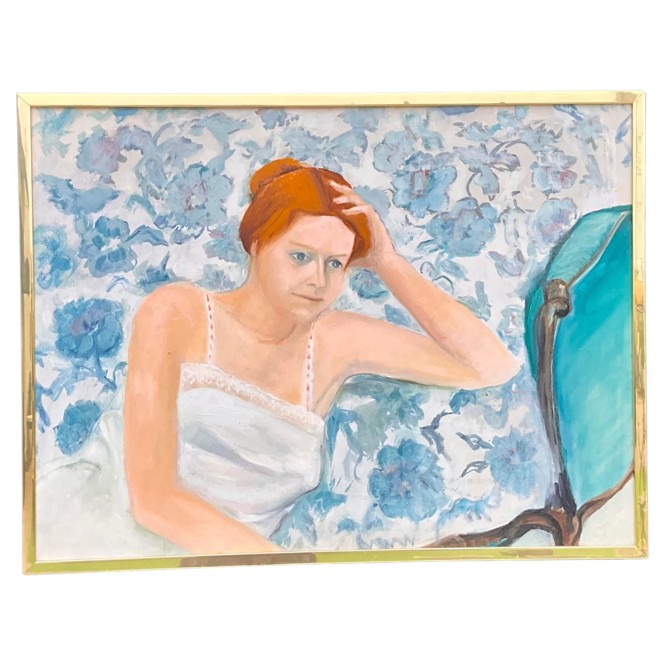 Vintage Painting Lady in Blue E M Kaufman