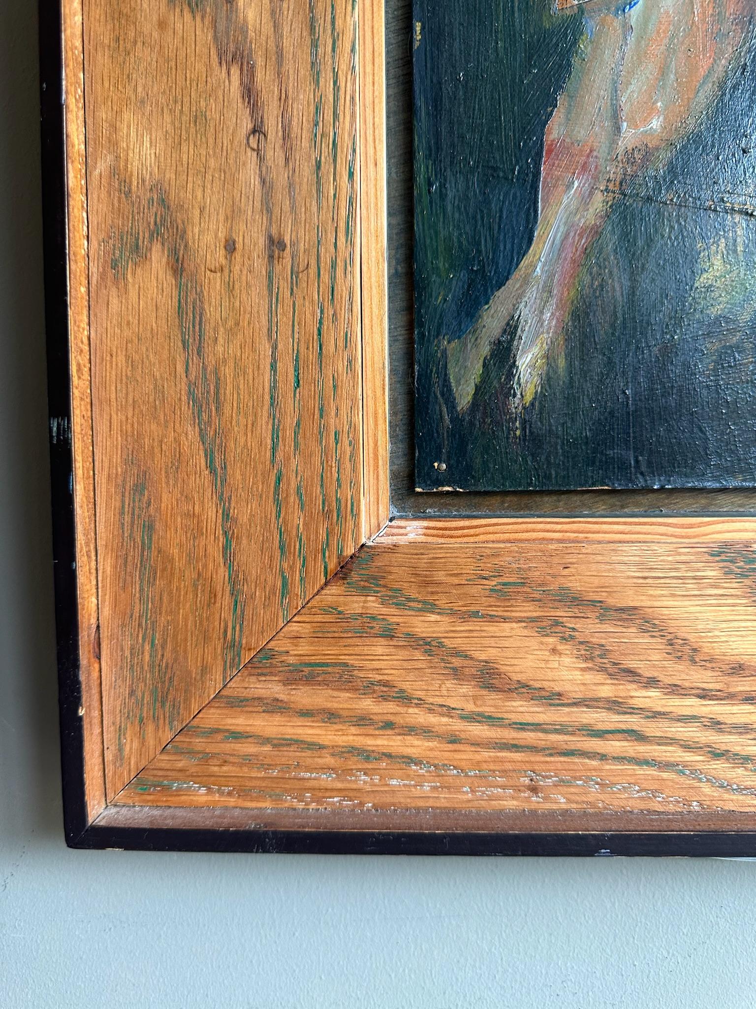 Vintage painting man and fish with costum made frame In Good Condition For Sale In UTRECHT, NL