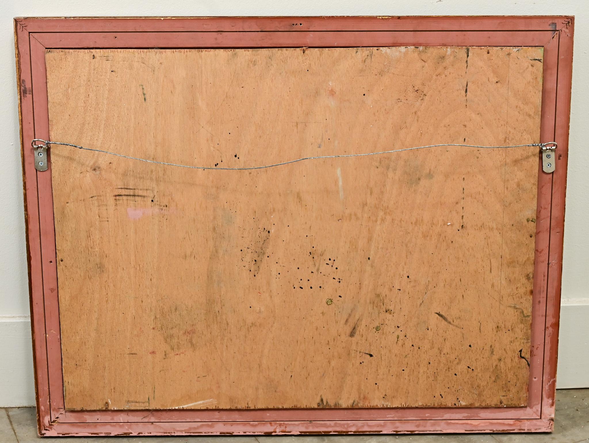 Un vívido óleo francés, firmado por el artista, Guerin. Este cuadro sobre tabla representa una vista en ladera de una ciudad con varias casas y edificios, incluida una catedral. Enmarcado con un marco dorado de cortesía, este cuadro es perfecto para