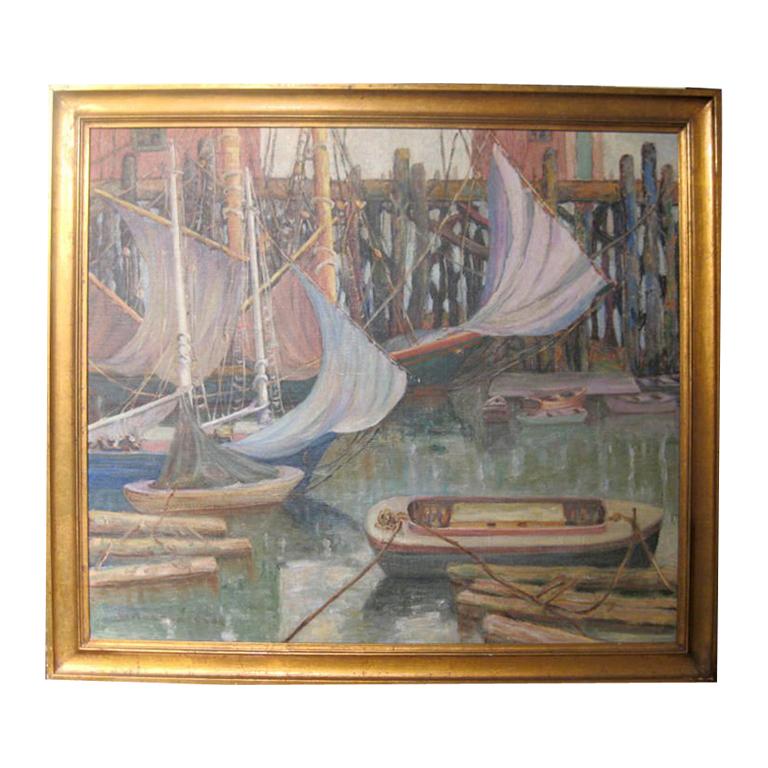 Vintage Painting Of A Harbor For Sale