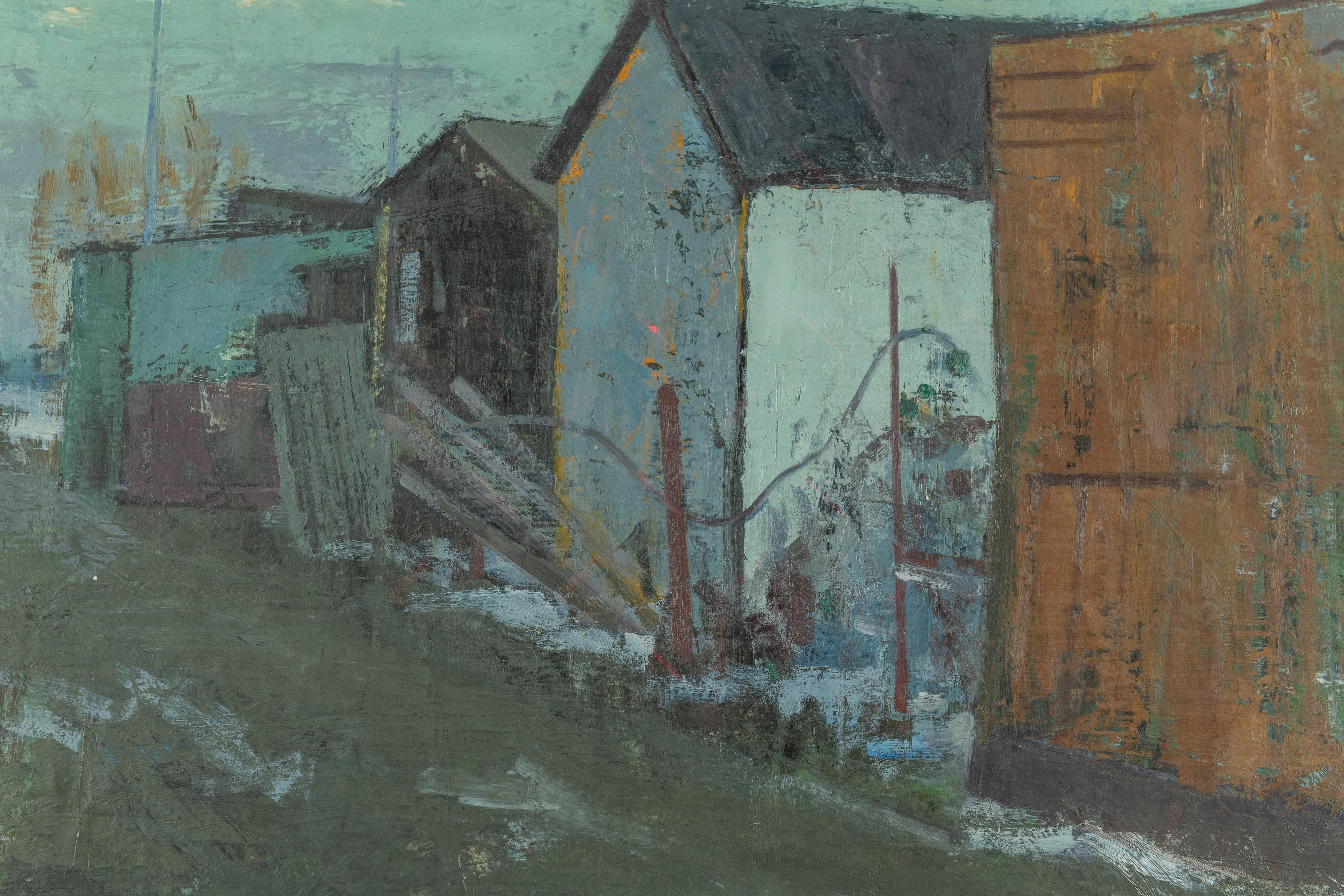 This framed oil on canvas painting offers an interesting perspective as it it a Painting of a Row of Houses from the rear. Great colors and brush strokes, an interesting piece by an unknown artist, though a signature of MM appears in the lower left