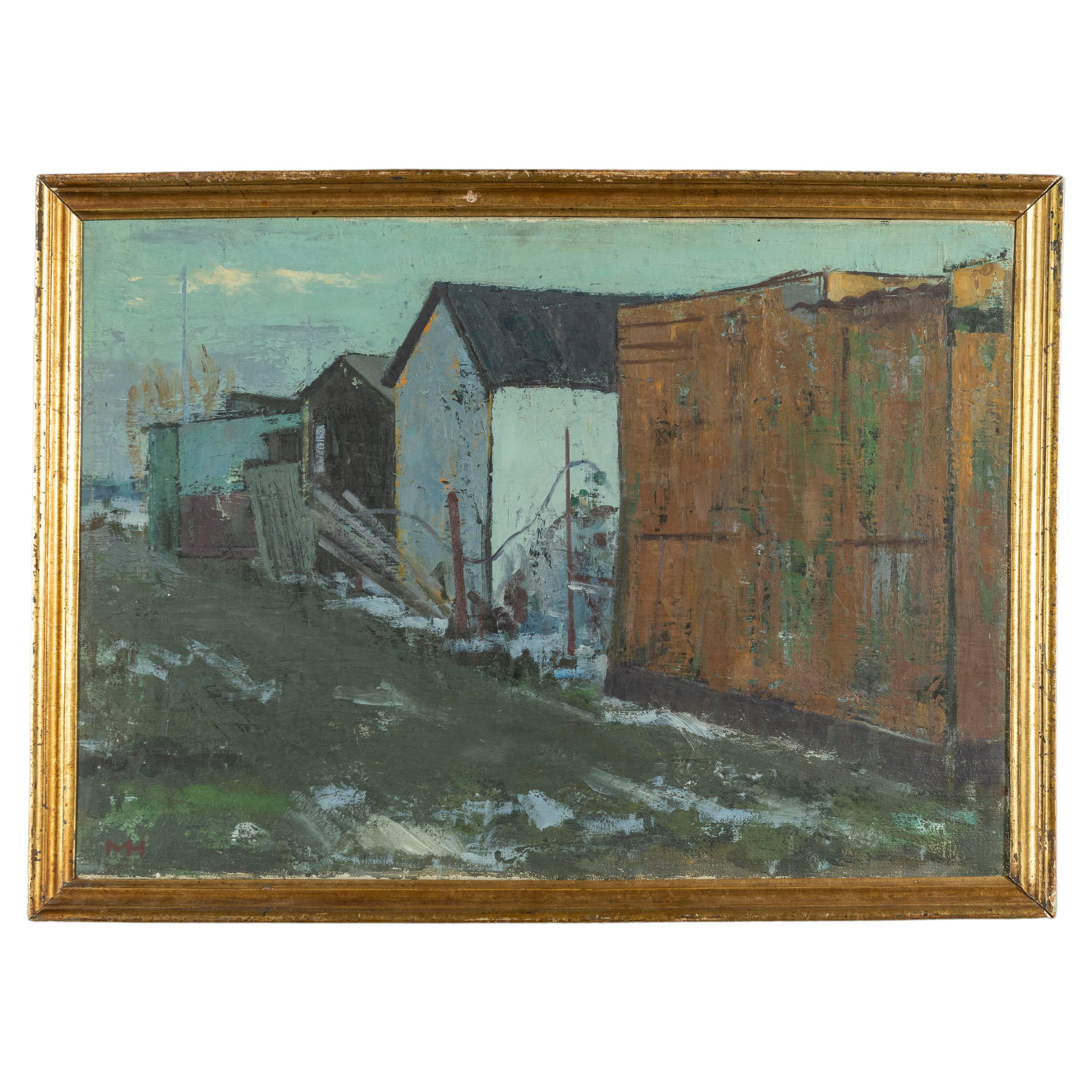 Vintage Painting of a Row of Houses, Oil on Canvas, Framed