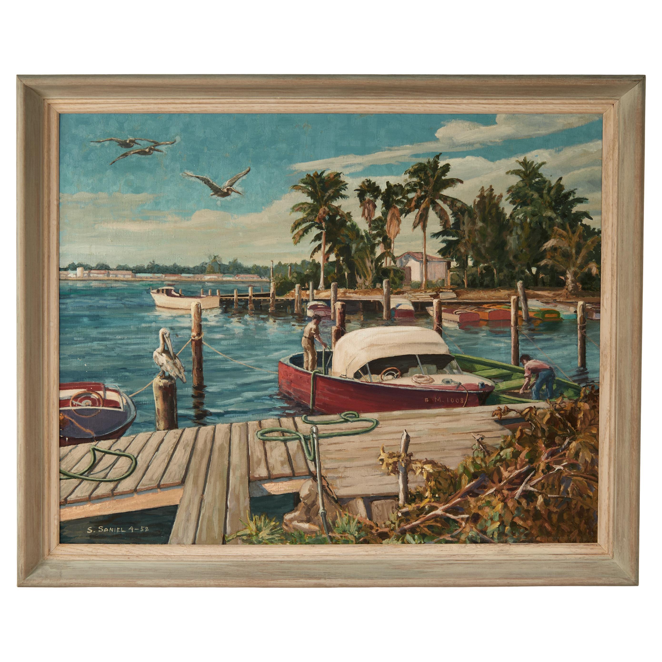 Vintage Gemälde von einem tropischen Boot Dock