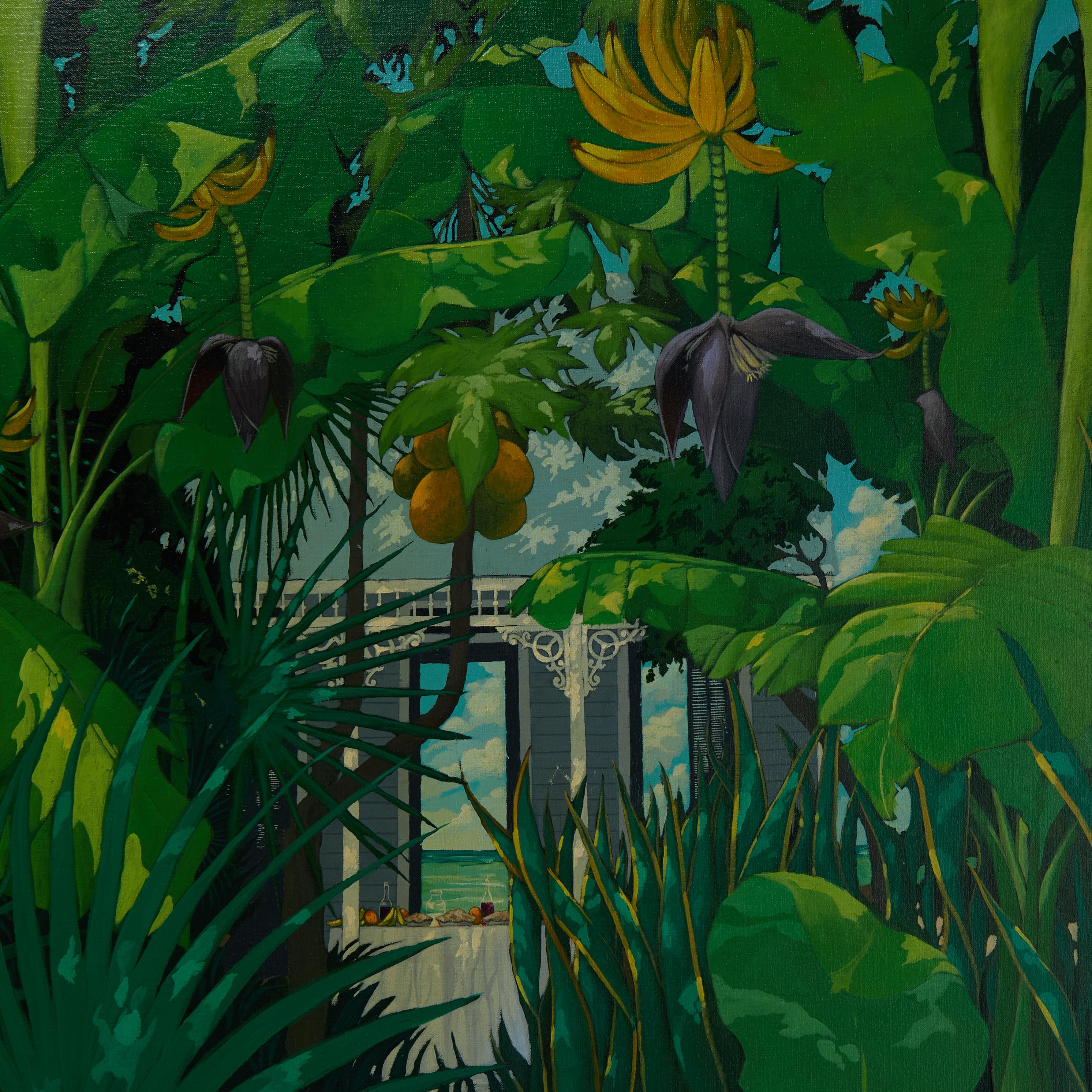 Modern Vintage Painting of a Tropical Garden by John Kiraly For Sale