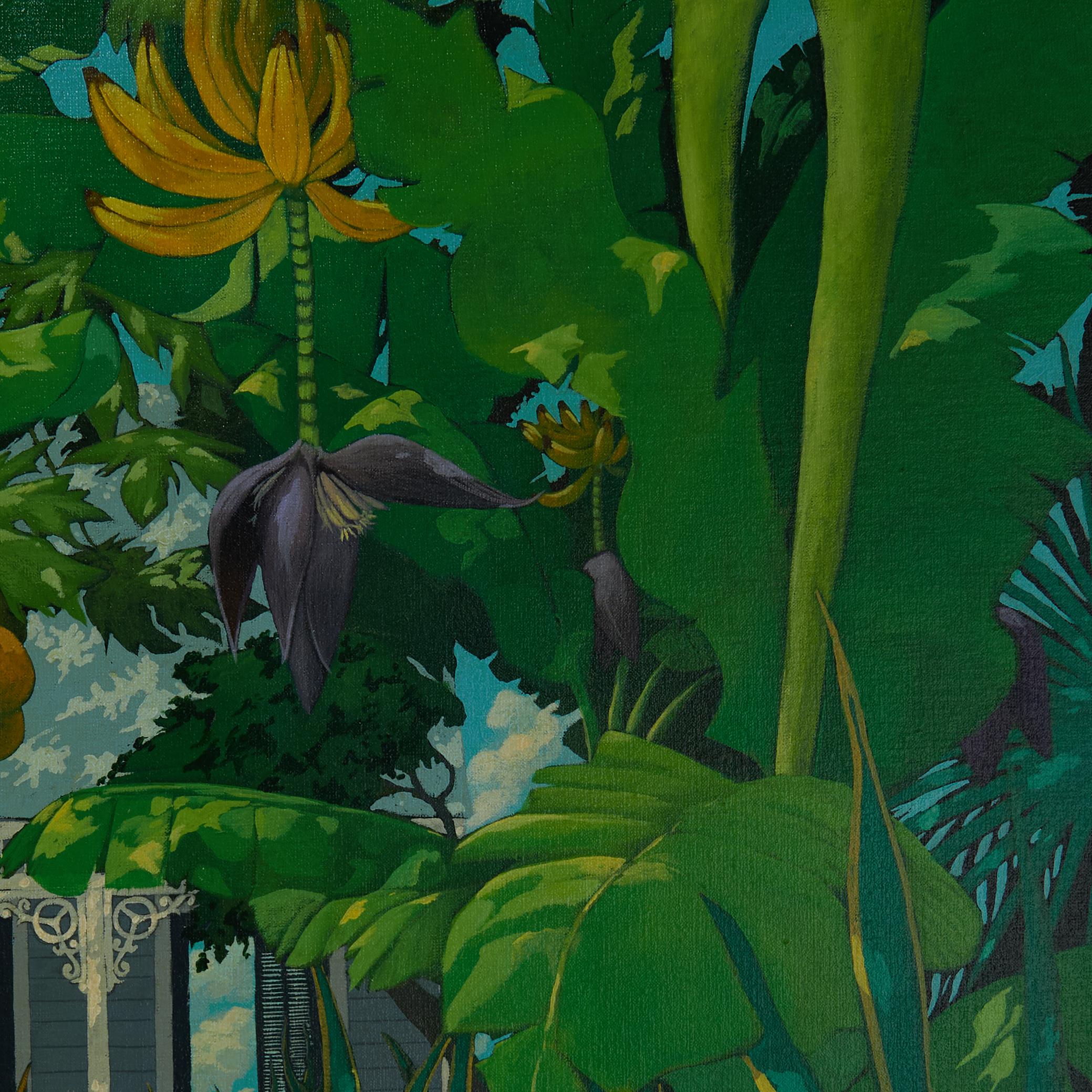 Hand-Painted Vintage Painting of a Tropical Garden by John Kiraly For Sale
