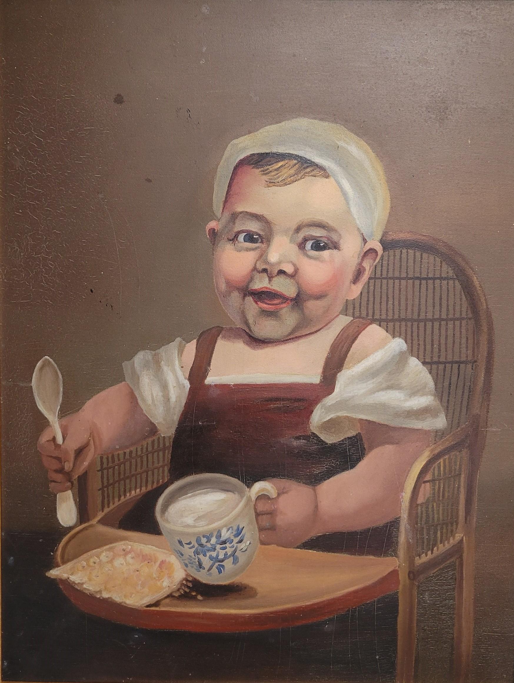 A charming vintage oil on fiber board painting of a young child with a blue and white cup and a piece of bread (?). Painted in shades of warm brown, pinks, maroons and whites. Surface abrasions and scratches are evident from rough handling. The