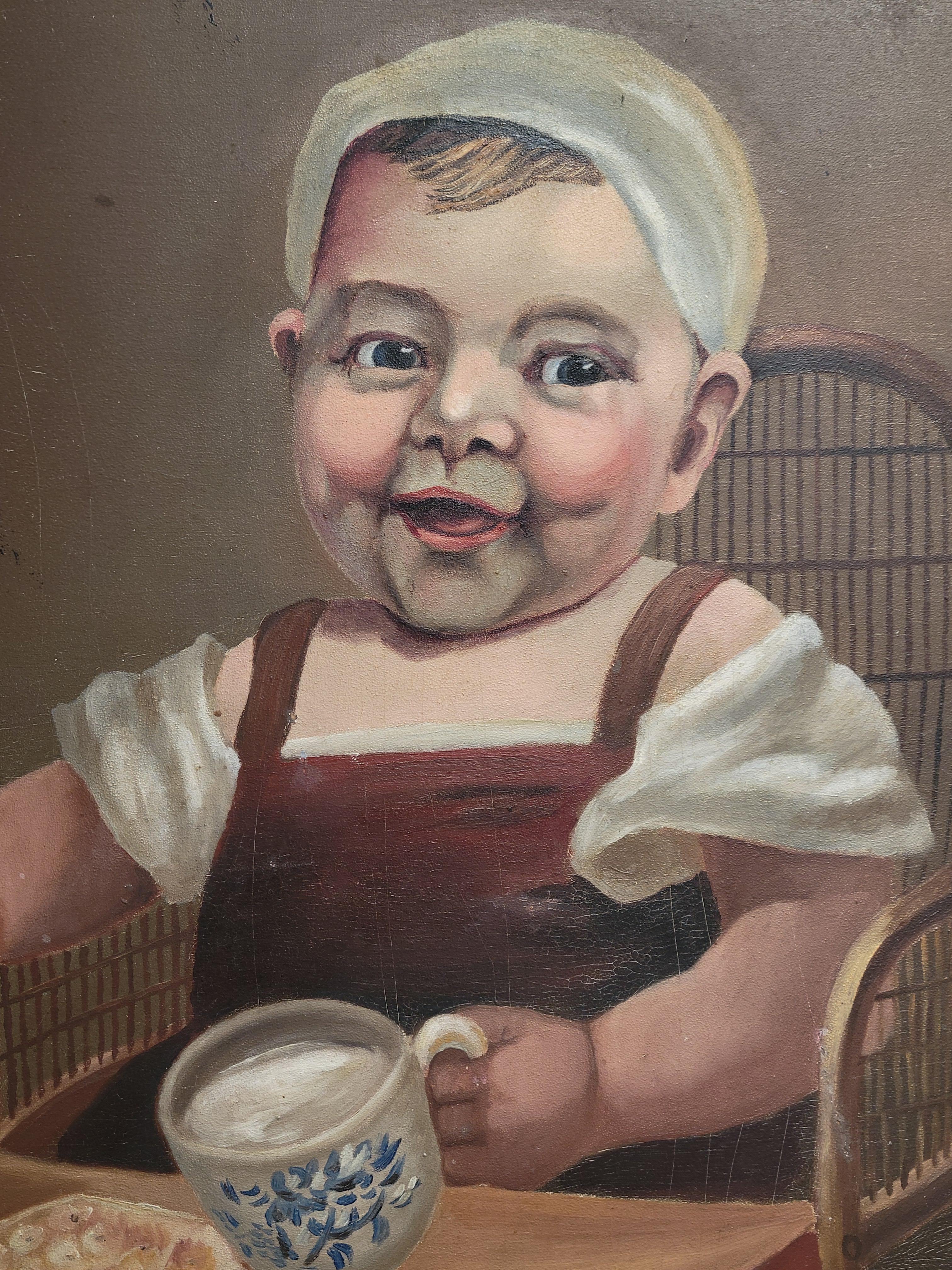 Folk Art Vintage Painting of a Young Child - Oil on Board For Sale
