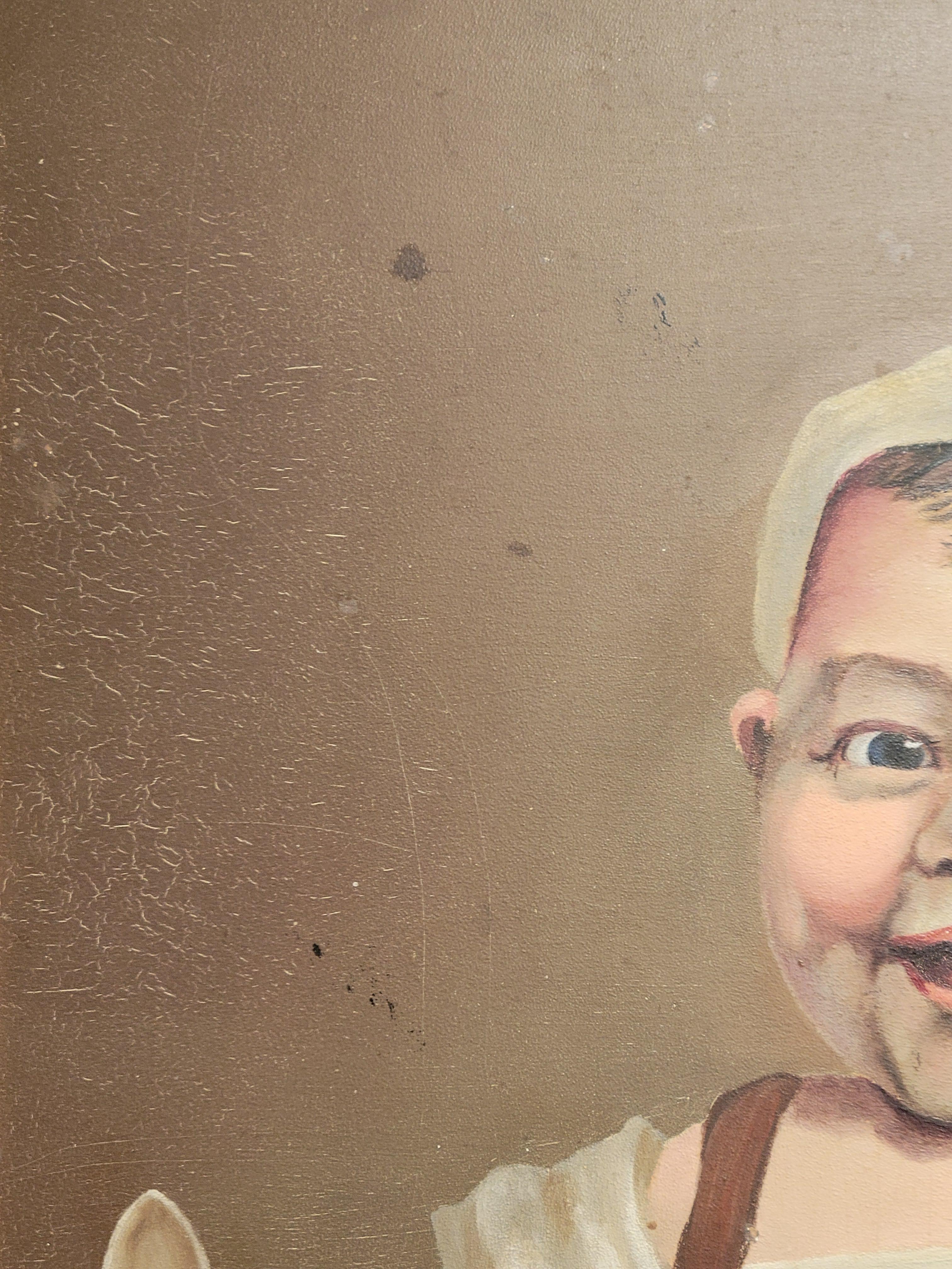 Hand-Painted Vintage Painting of a Young Child - Oil on Board For Sale