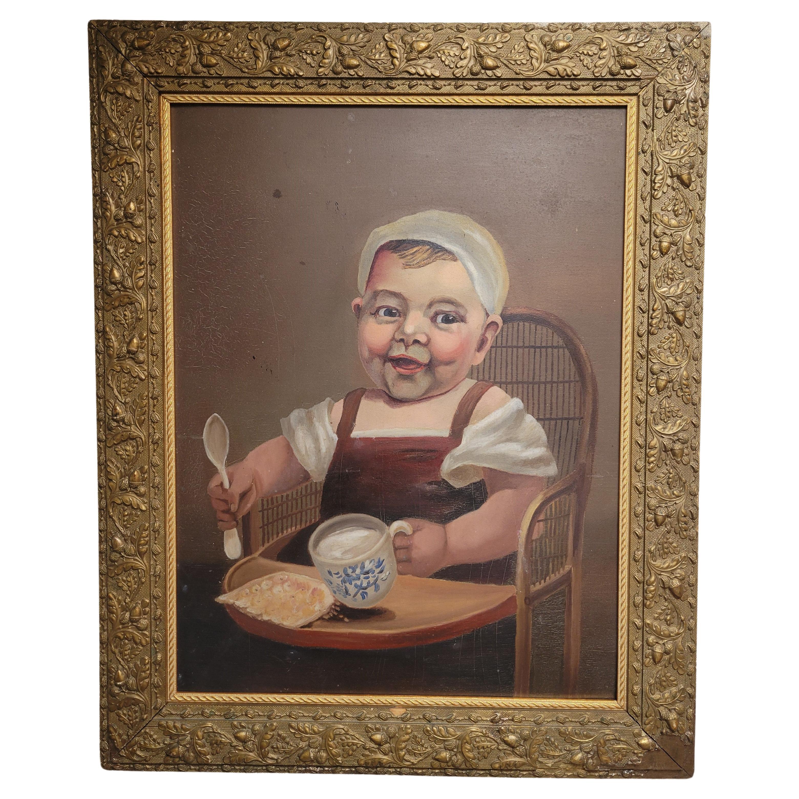Vintage-Gemälde eines jungen Kindes – Öl auf Karton im Angebot