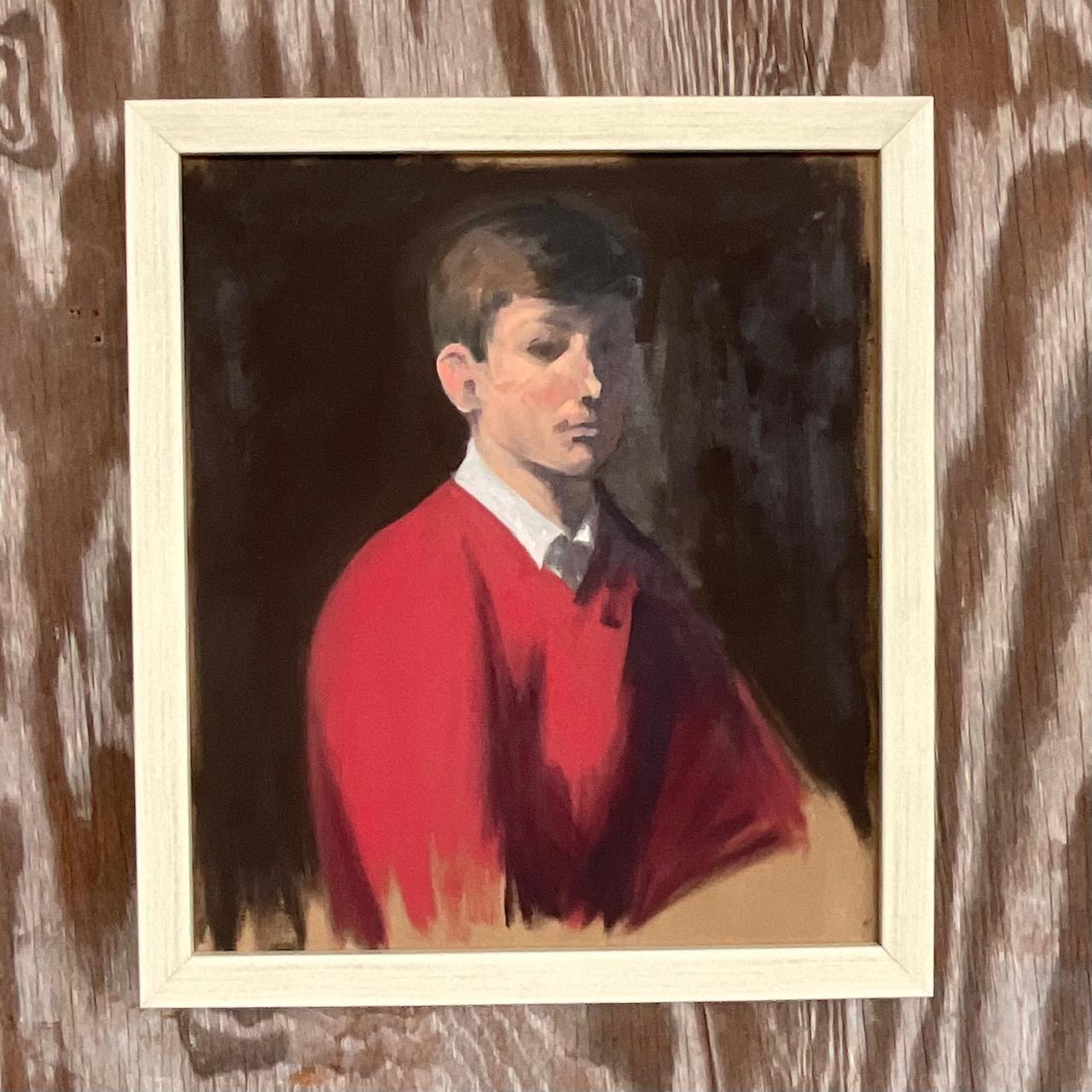 Vintage painting of a young man in a bright red sweater.  A perfect addition to your favorite room, hallway or library. 