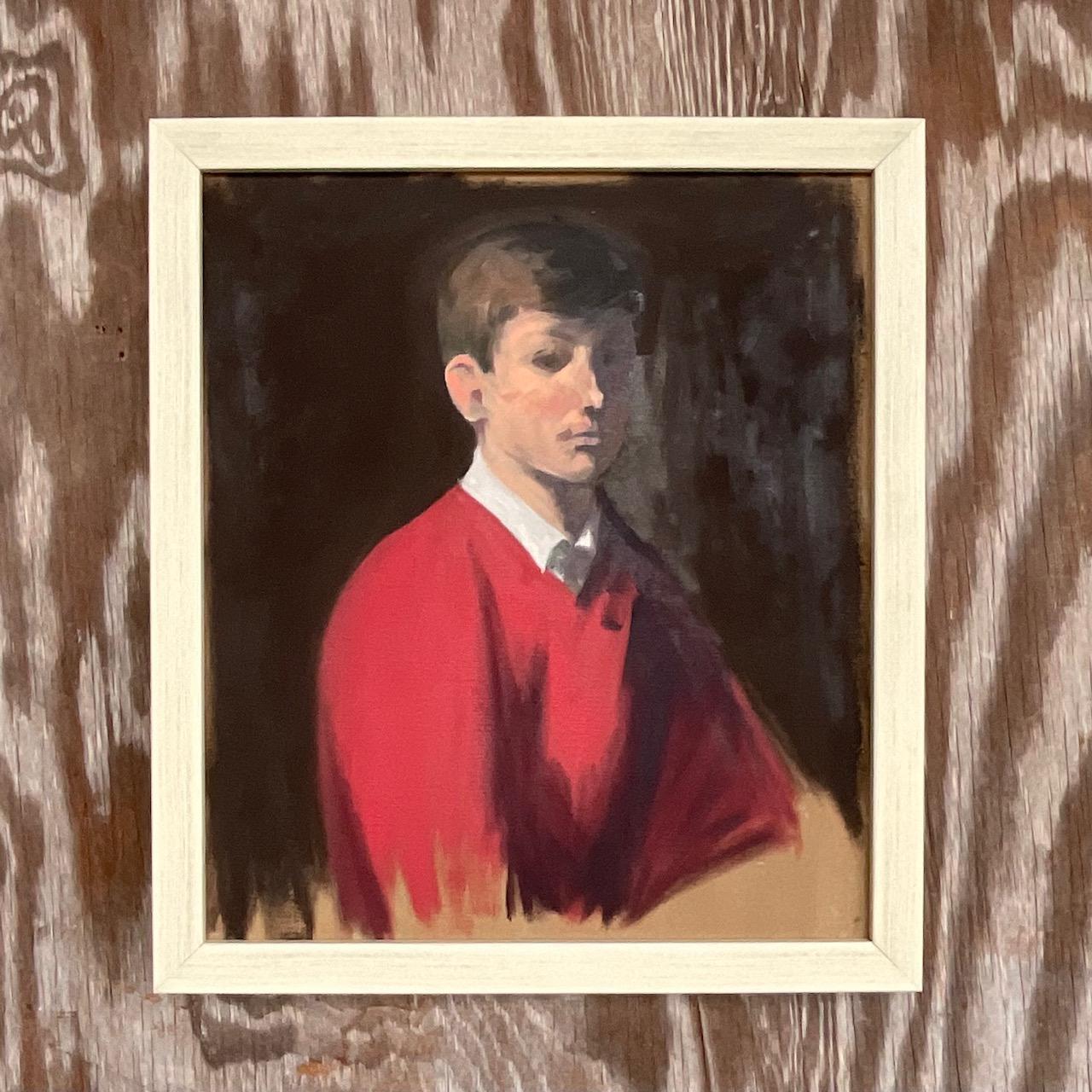 North American Vintage Painting of Boy in Red Sweater For Sale