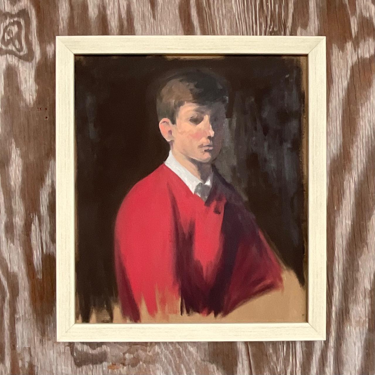 Vintage Painting of Boy in Red Sweater In Good Condition For Sale In west palm beach, FL