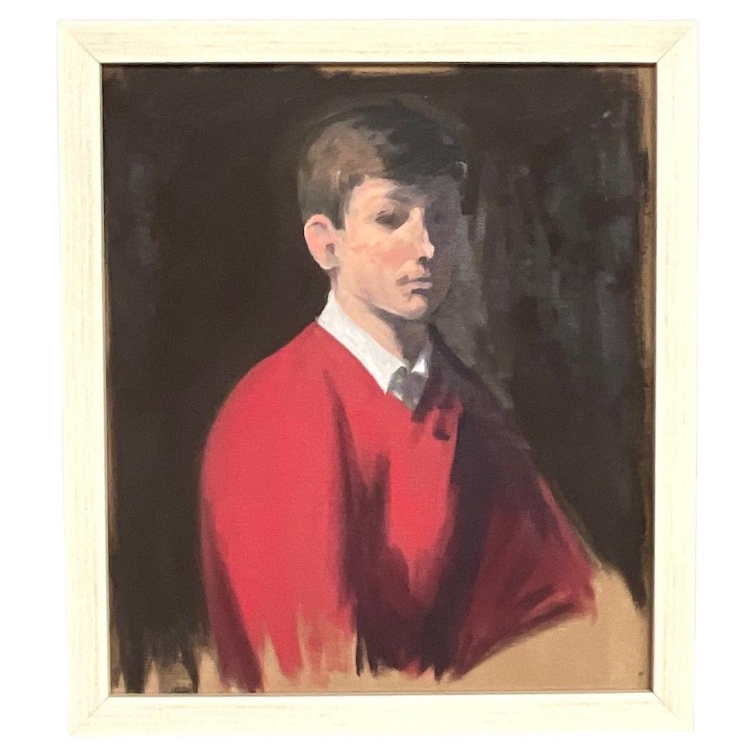 Vintage Painting of Boy in Red Sweater For Sale