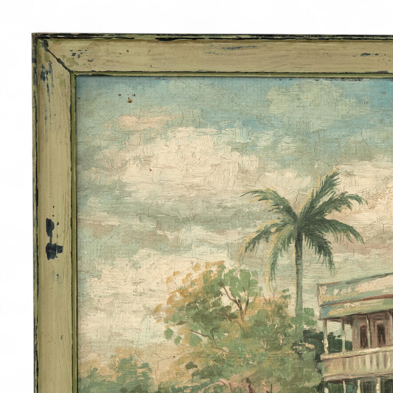 Trasporto di un dipinto a olio su tavola di Duke Street Kingston Jamaica, eseguito in stile impressionista con case e alberi. Firmato dal noto artista americano S. H. Geer e presentato in una cornice di legno dipinto.
