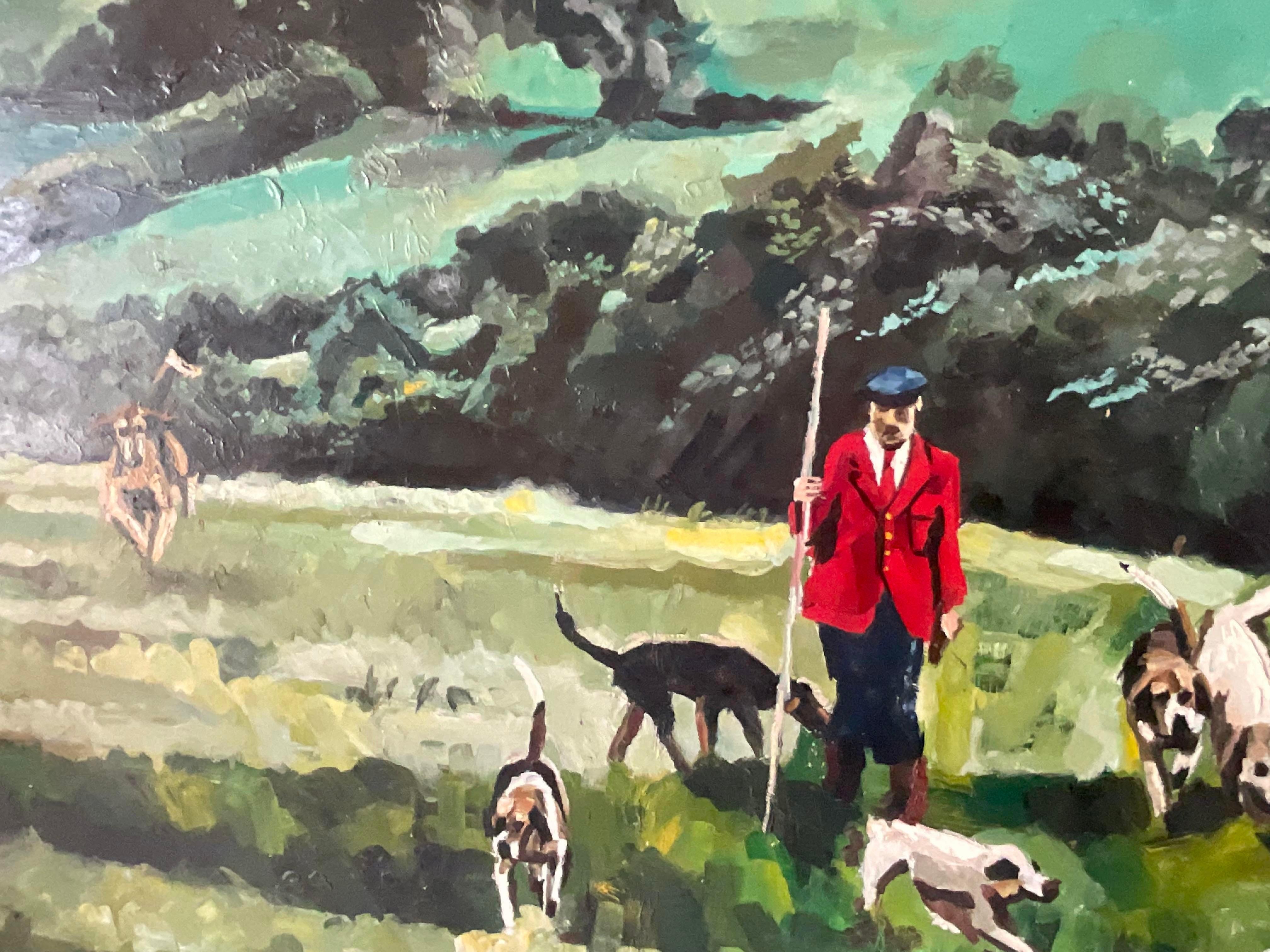 This painting is a Vintage Classic Fox Hunt in a field. A monumental composition in deep rich colors. A brilliant work done on board with lots of great patina from time. Acquired from a Palm Beach estate