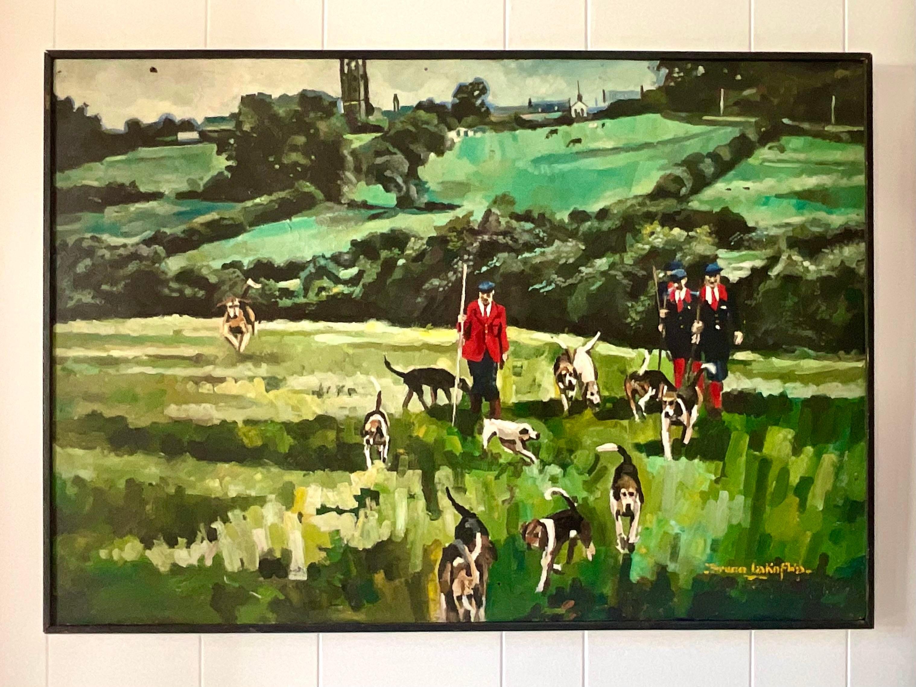 North American Vintage Painting of Fox Hunt on Board