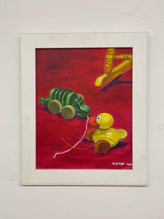 Vintage Painting of Pull Toys by Amy Lee, 2006 - Original on Canvas, Framed