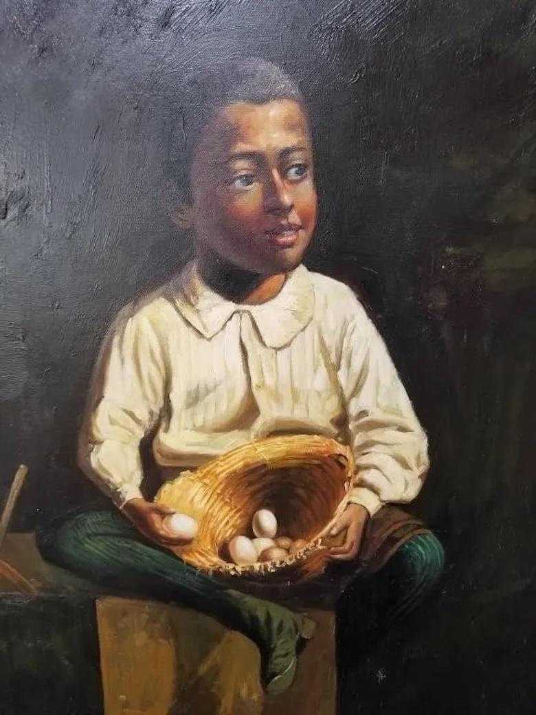 Vintage Painting of young man posing crossing his legs while holding Basket of Eggs. 
Maße: ca. 26h x 23,5w