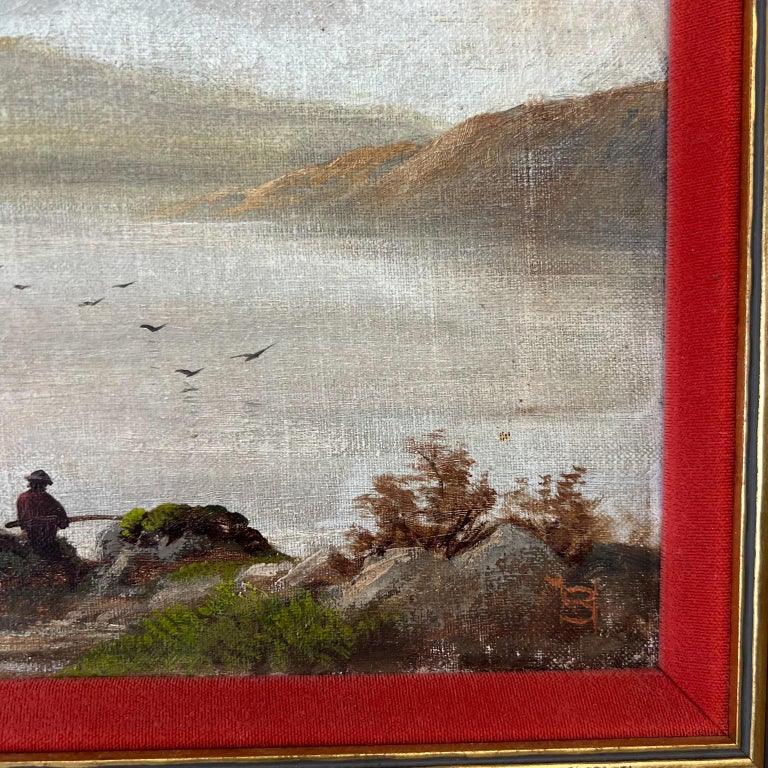 Mid-20th Century Vintage Painting Oil on Canvas Fishermen Landscape Signed Artwork For Sale