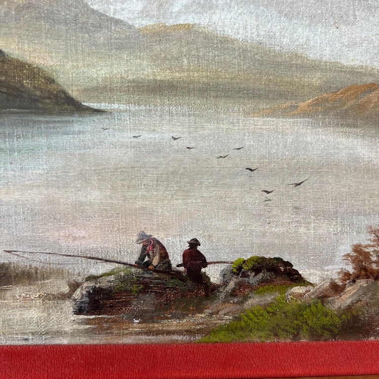 Vintage Painting Oil on Canvas Fishermen Landscape Signed Artwork For Sale 1