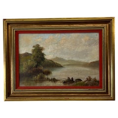 Vintage Painting Oil on Canvas Fishermen Landscape Signed Artwork