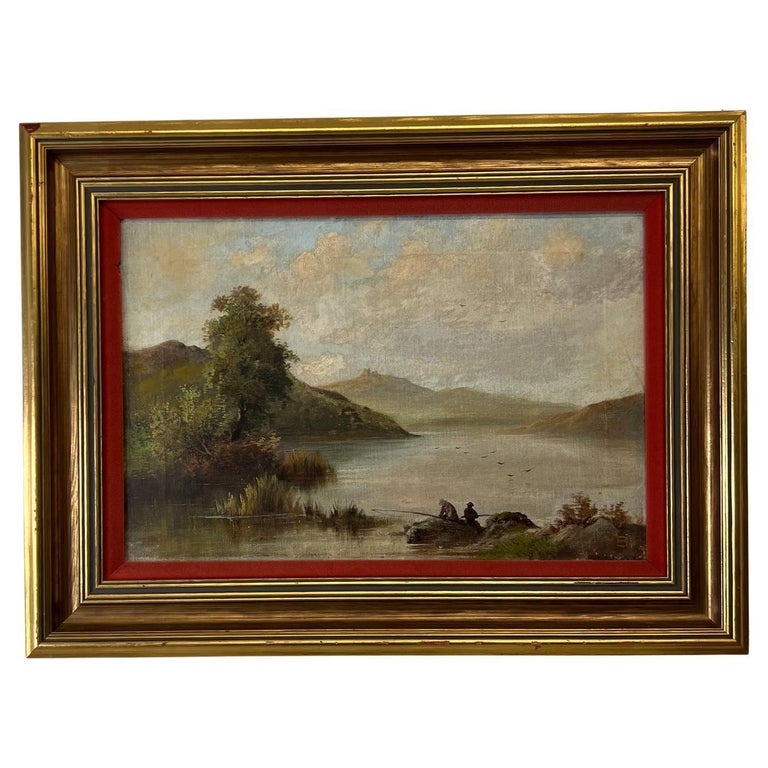 Vintage Painting Oil on Canvas Fishermen Landscape Signed Artwork For Sale