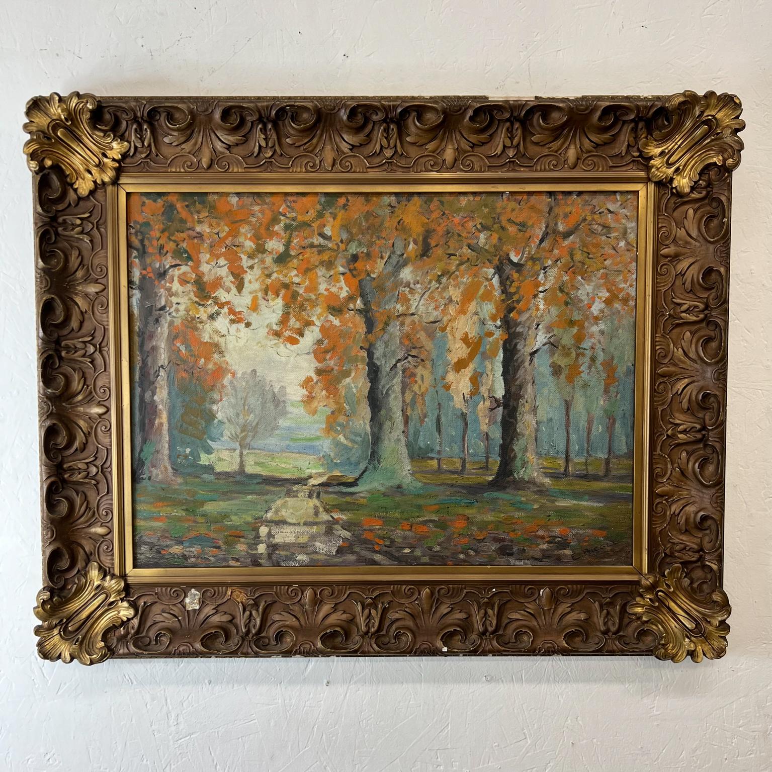 Lovely vintage Art oil on canvas impressionism signed Artwork Framed
Measures: 34.63 width x 28.25 tall x 2.5 depth Art 25 x 19 tall
Oil on Masonite canvas landscape fall trees
Preowned Vintage condition unrestored. Chipping, wear and
